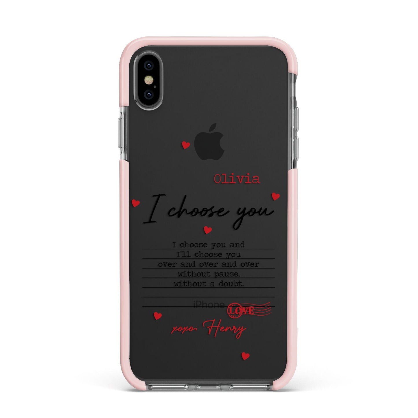 Custom Love Letter Apple iPhone Xs Max Impact Case Pink Edge on Black Phone