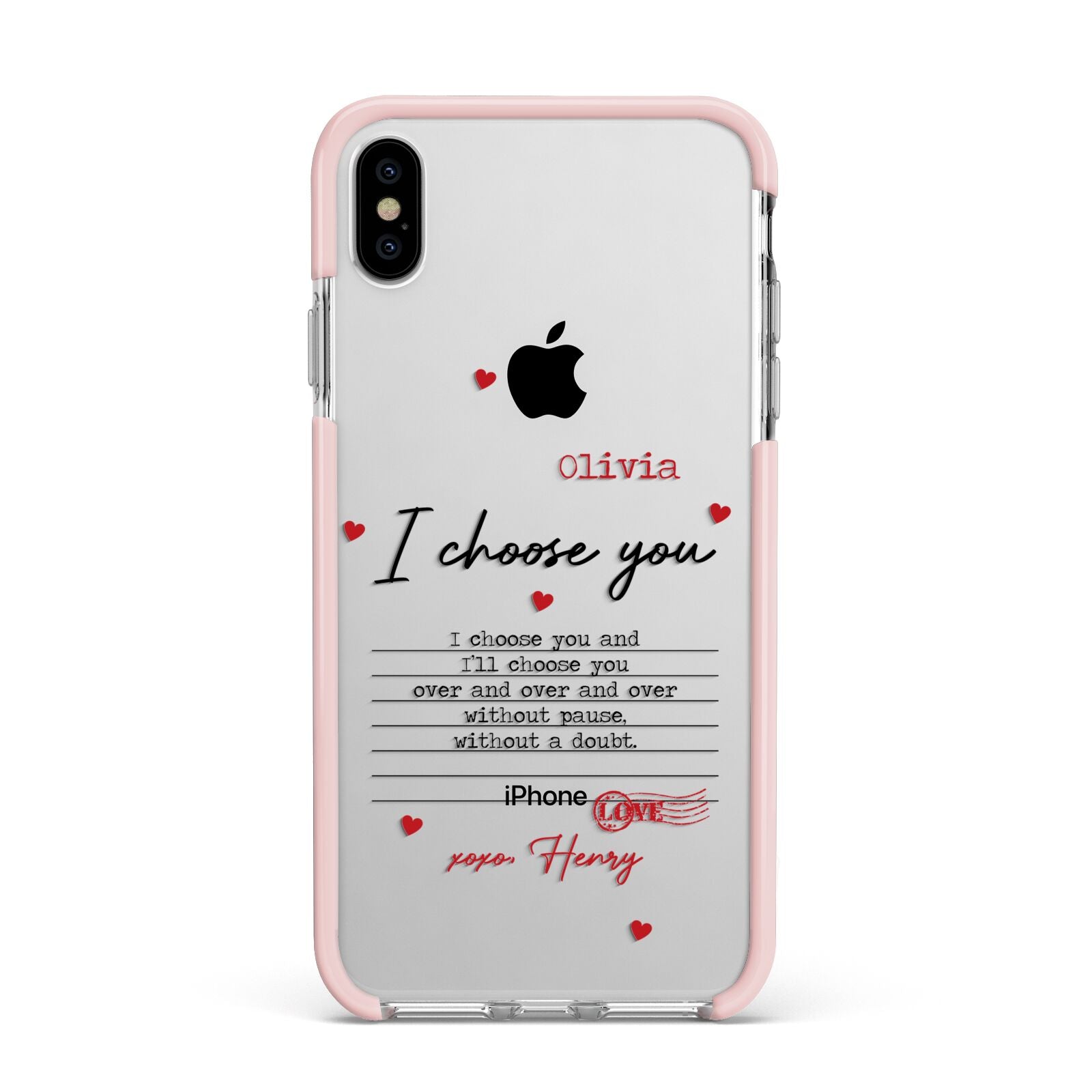 Custom Love Letter Apple iPhone Xs Max Impact Case Pink Edge on Silver Phone