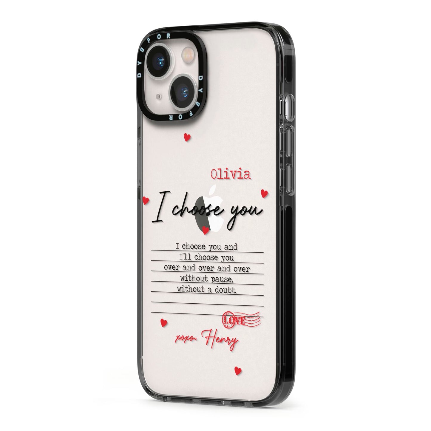 Custom Love Letter iPhone 13 Black Impact Case Side Angle on Silver phone