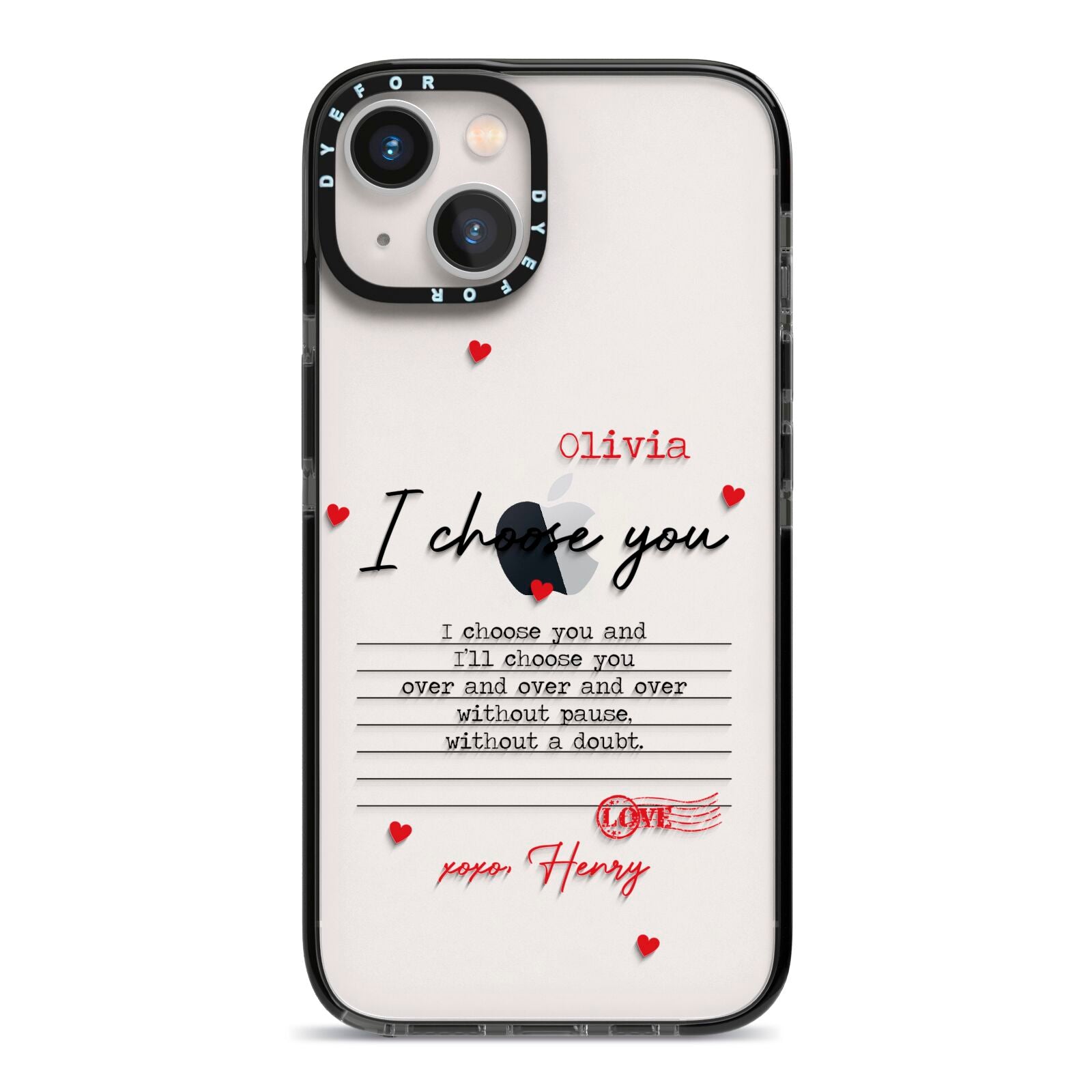 Custom Love Letter iPhone 13 Black Impact Case on Silver phone