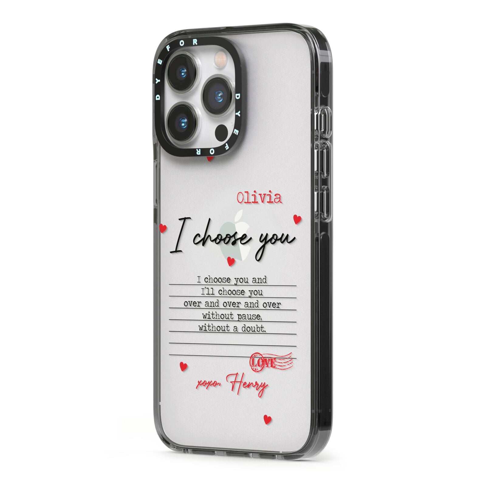 Custom Love Letter iPhone 13 Pro Black Impact Case Side Angle on Silver phone