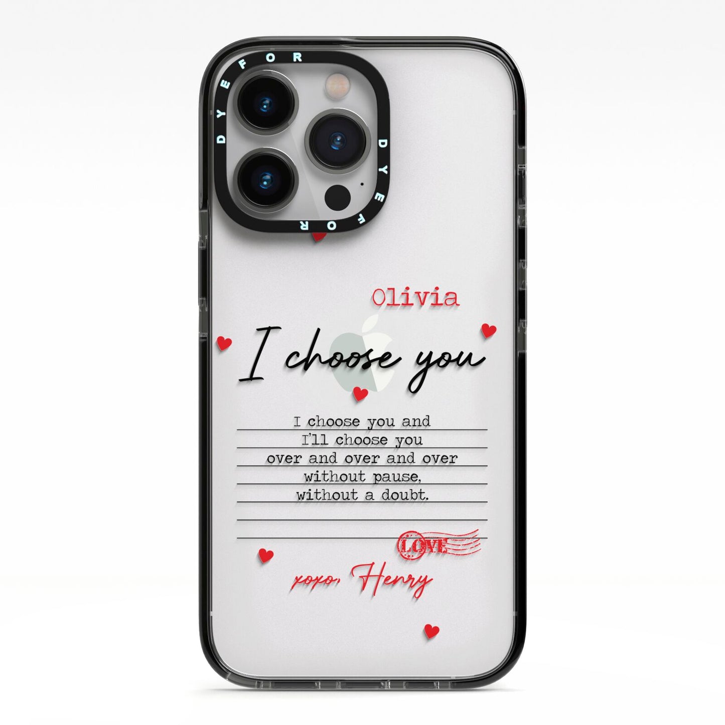 Custom Love Letter iPhone 13 Pro Black Impact Case on Silver phone