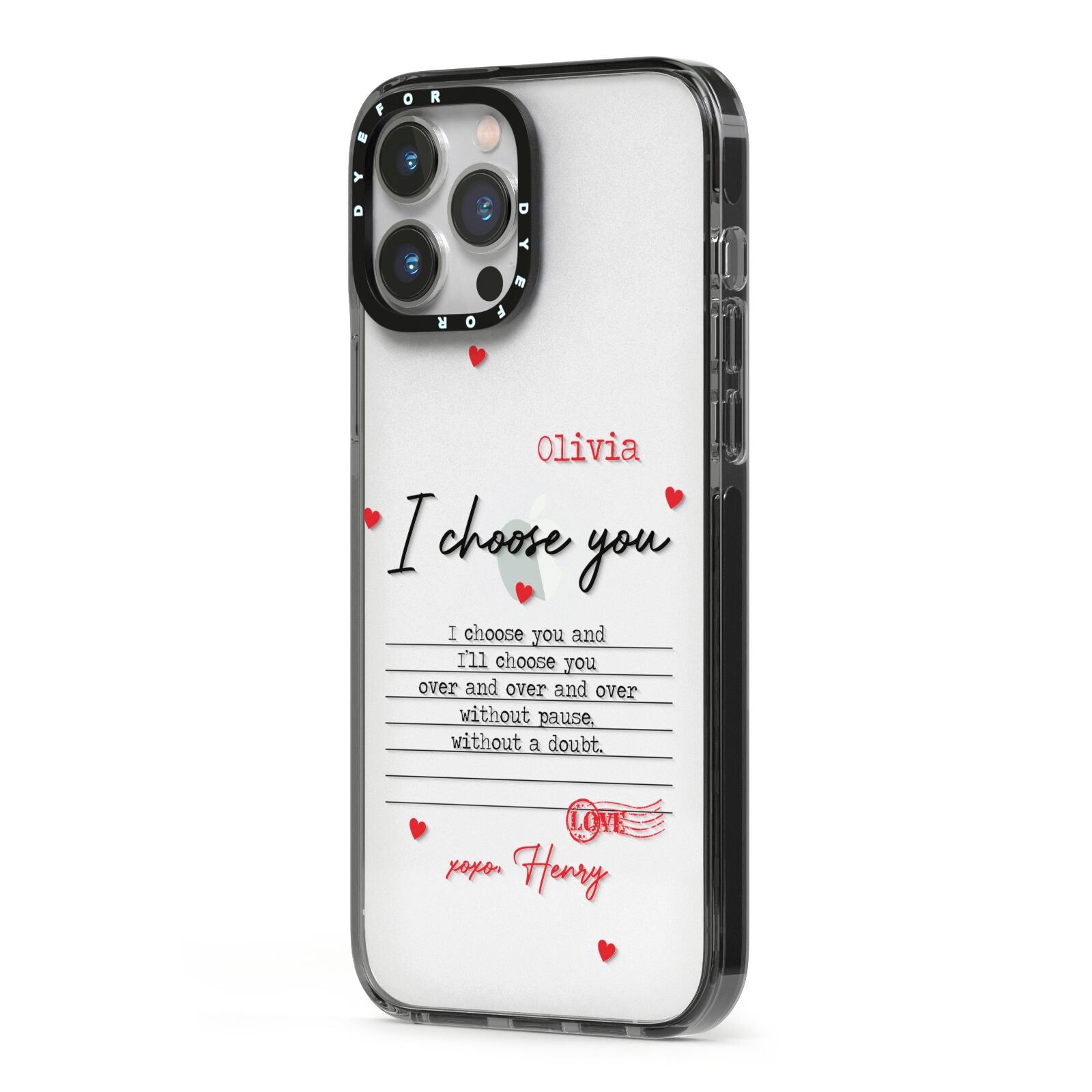 Custom Love Letter iPhone 13 Pro Max Black Impact Case Side Angle on Silver phone