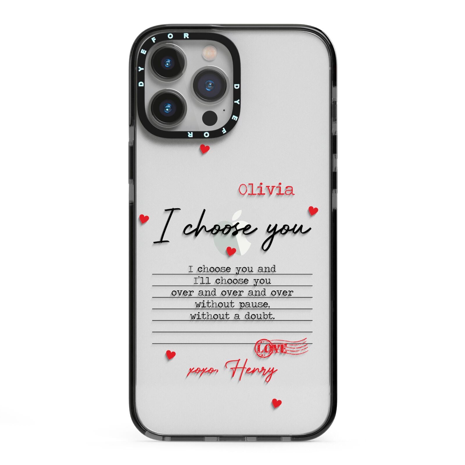 Custom Love Letter iPhone 13 Pro Max Black Impact Case on Silver phone