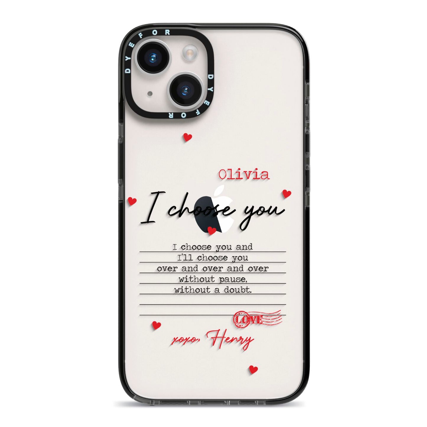 Custom Love Letter iPhone 14 Black Impact Case on Silver phone