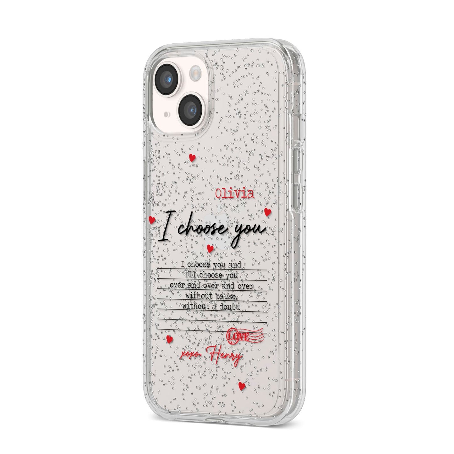 Custom Love Letter iPhone 14 Glitter Tough Case Starlight Angled Image