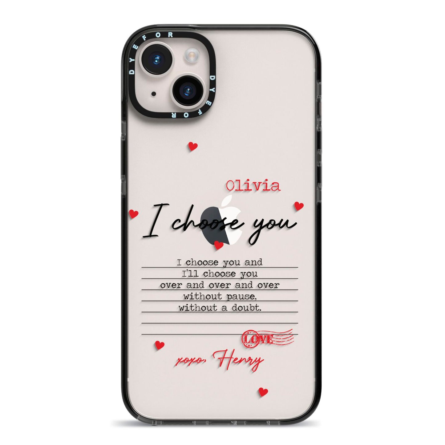 Custom Love Letter iPhone 14 Plus Black Impact Case on Silver phone