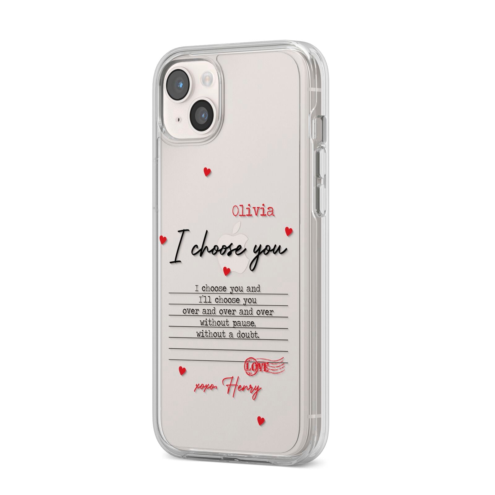 Custom Love Letter iPhone 14 Plus Clear Tough Case Starlight Angled Image