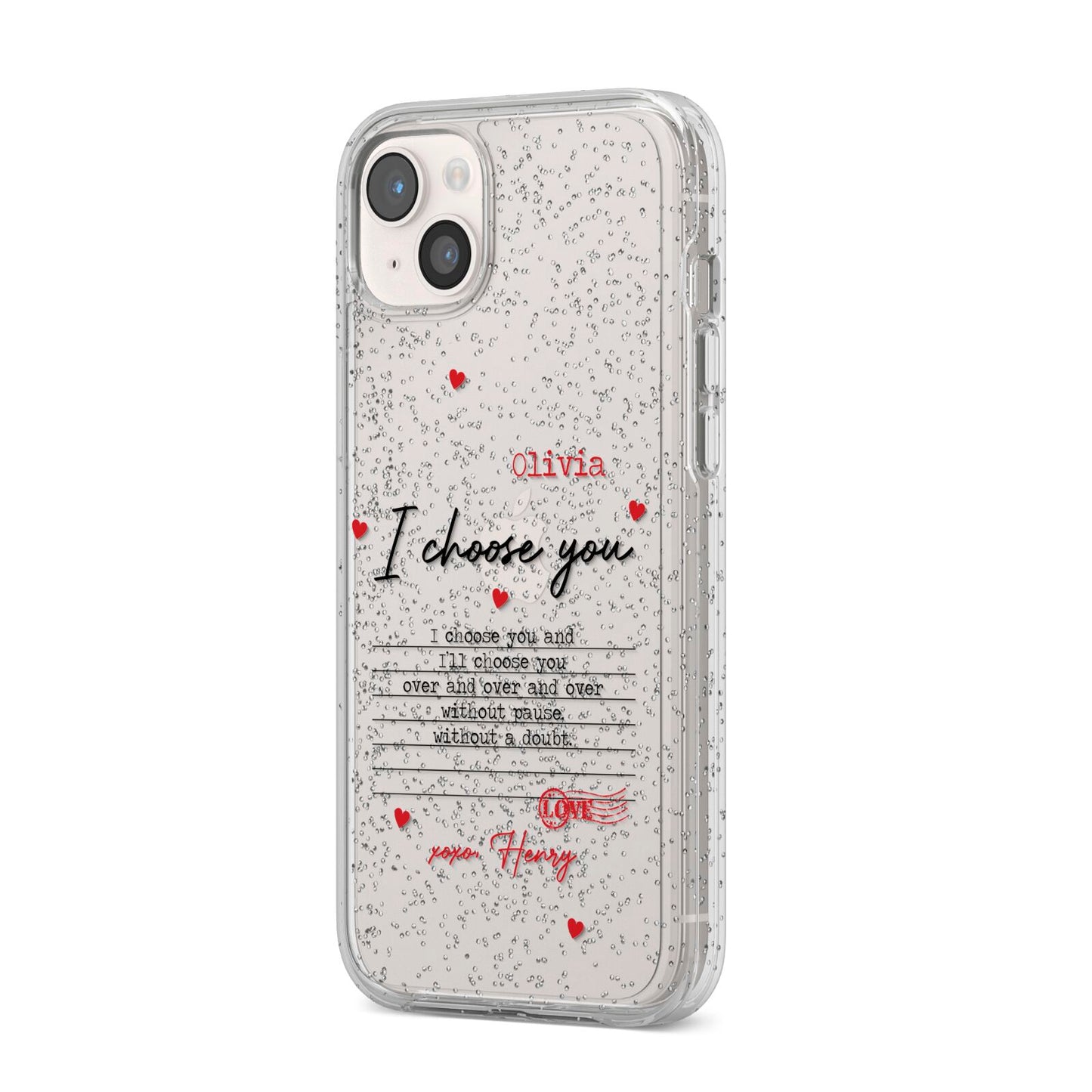 Custom Love Letter iPhone 14 Plus Glitter Tough Case Starlight Angled Image