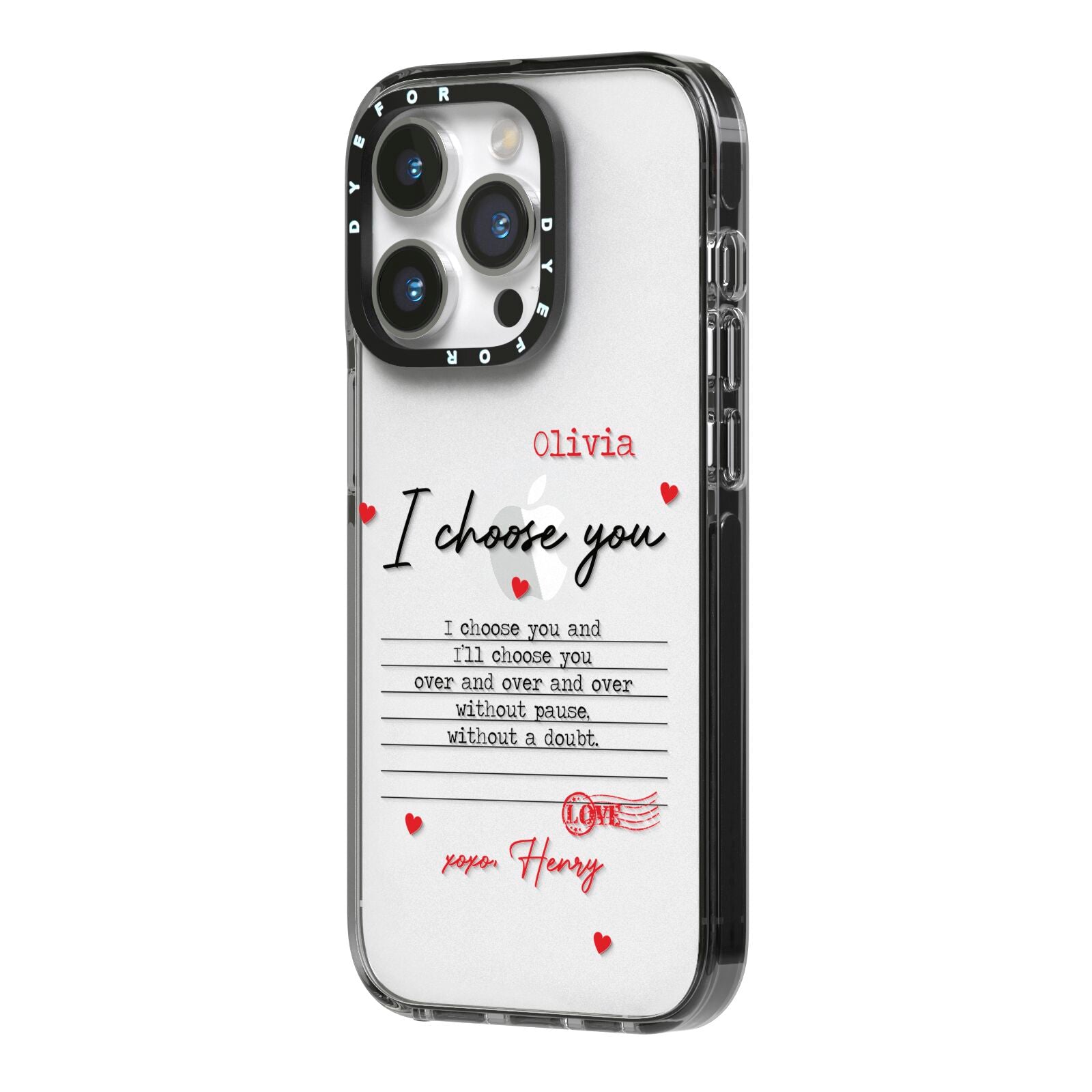 Custom Love Letter iPhone 14 Pro Black Impact Case Side Angle on Silver phone