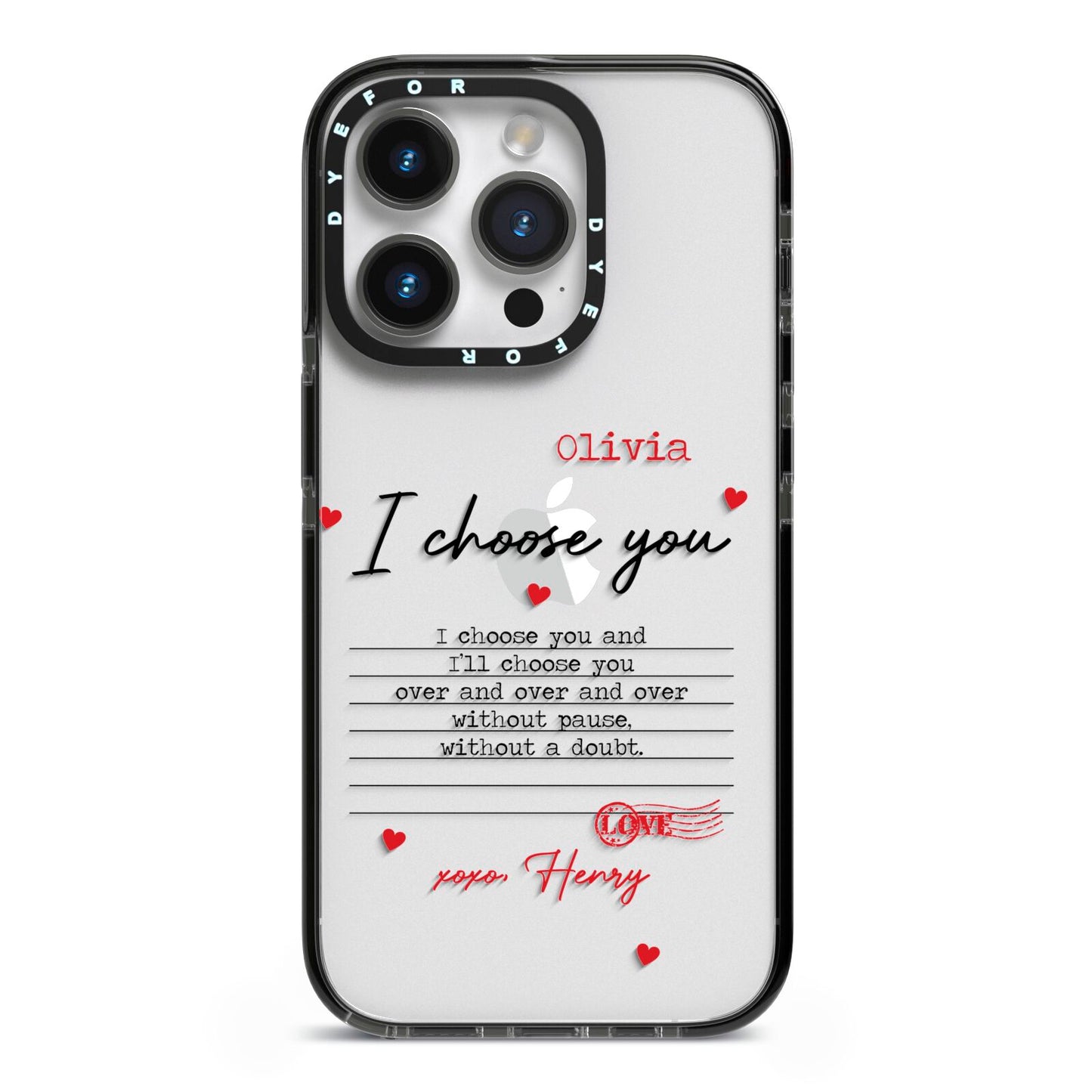 Custom Love Letter iPhone 14 Pro Black Impact Case on Silver phone