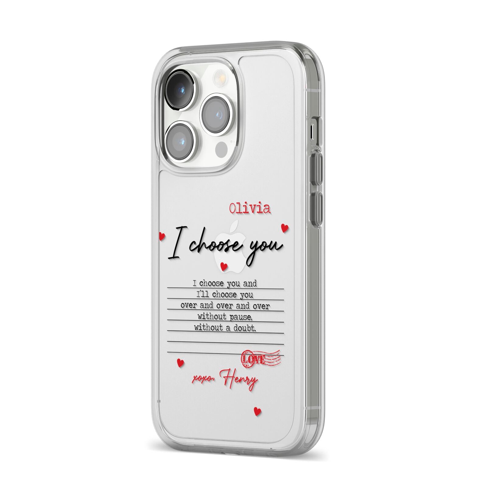 Custom Love Letter iPhone 14 Pro Clear Tough Case Silver Angled Image