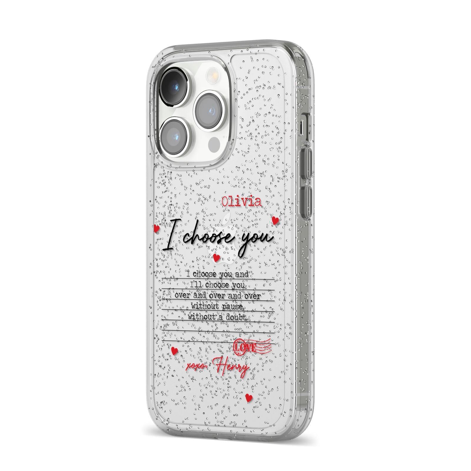 Custom Love Letter iPhone 14 Pro Glitter Tough Case Silver Angled Image