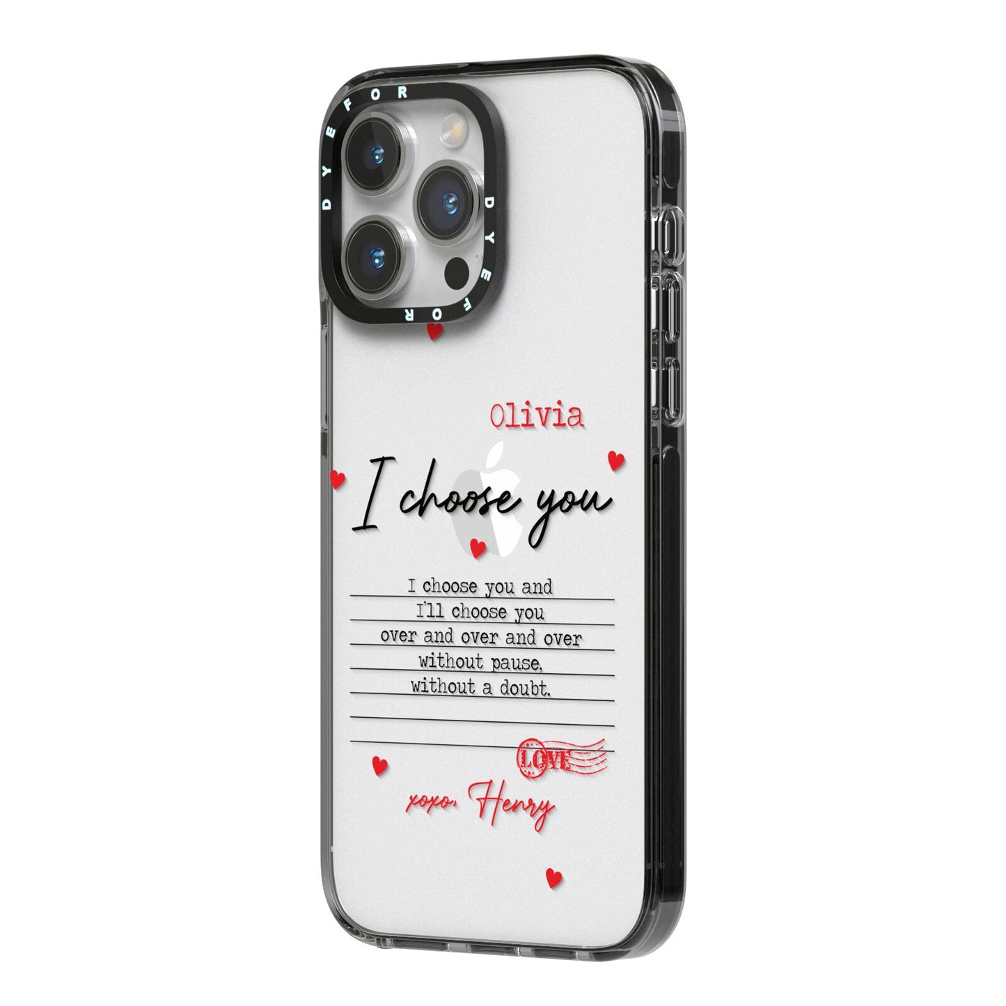 Custom Love Letter iPhone 14 Pro Max Black Impact Case Side Angle on Silver phone