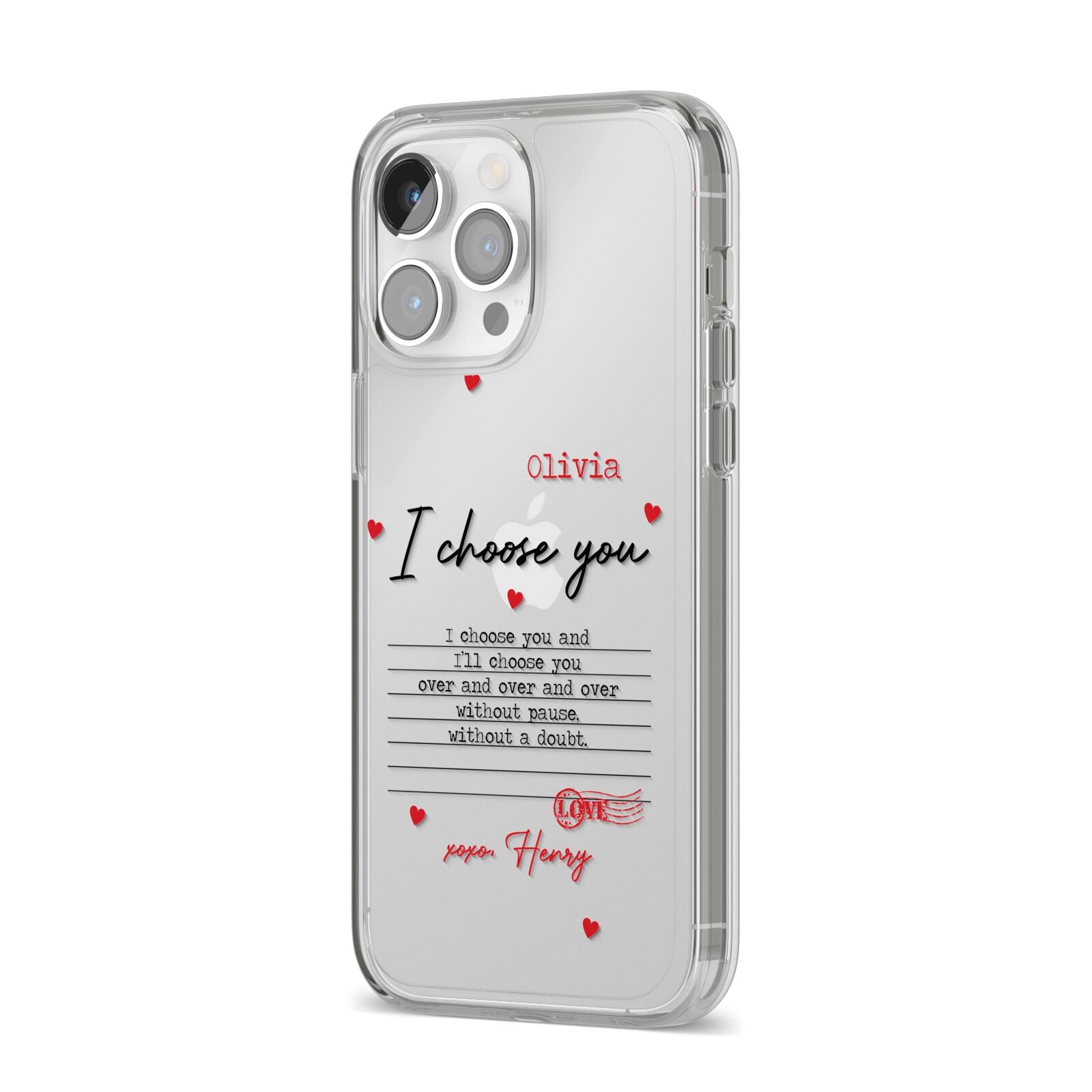 Custom Love Letter iPhone 14 Pro Max Clear Tough Case Silver Angled Image