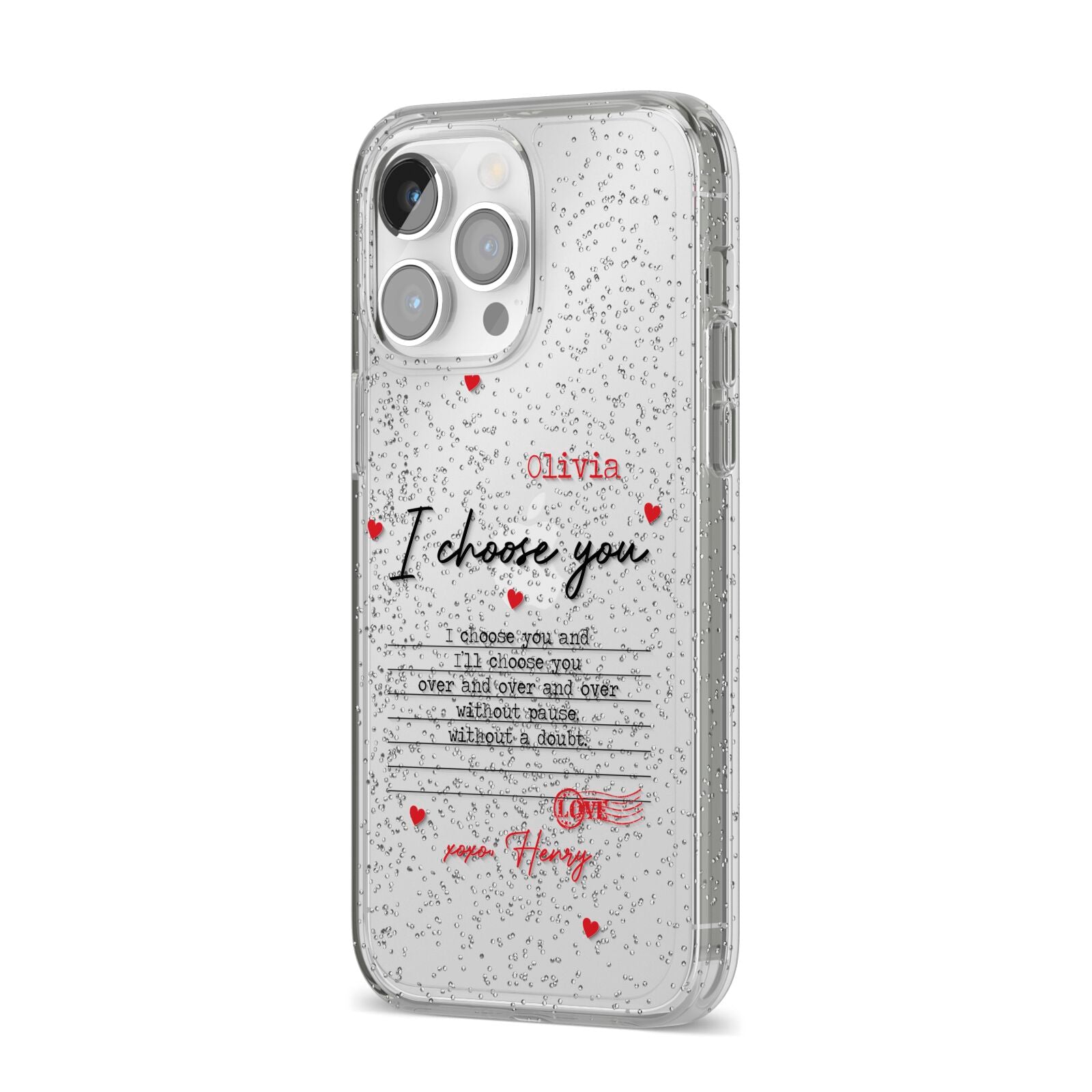 Custom Love Letter iPhone 14 Pro Max Glitter Tough Case Silver Angled Image