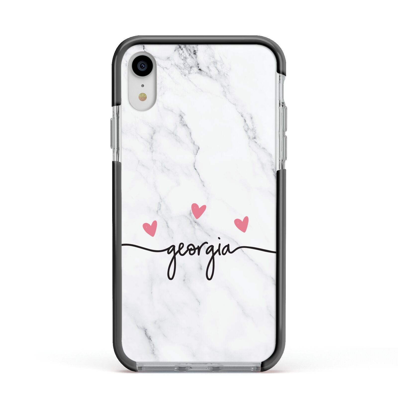 Custom Marble with Handwriting Text Apple iPhone XR Impact Case Black Edge on Silver Phone
