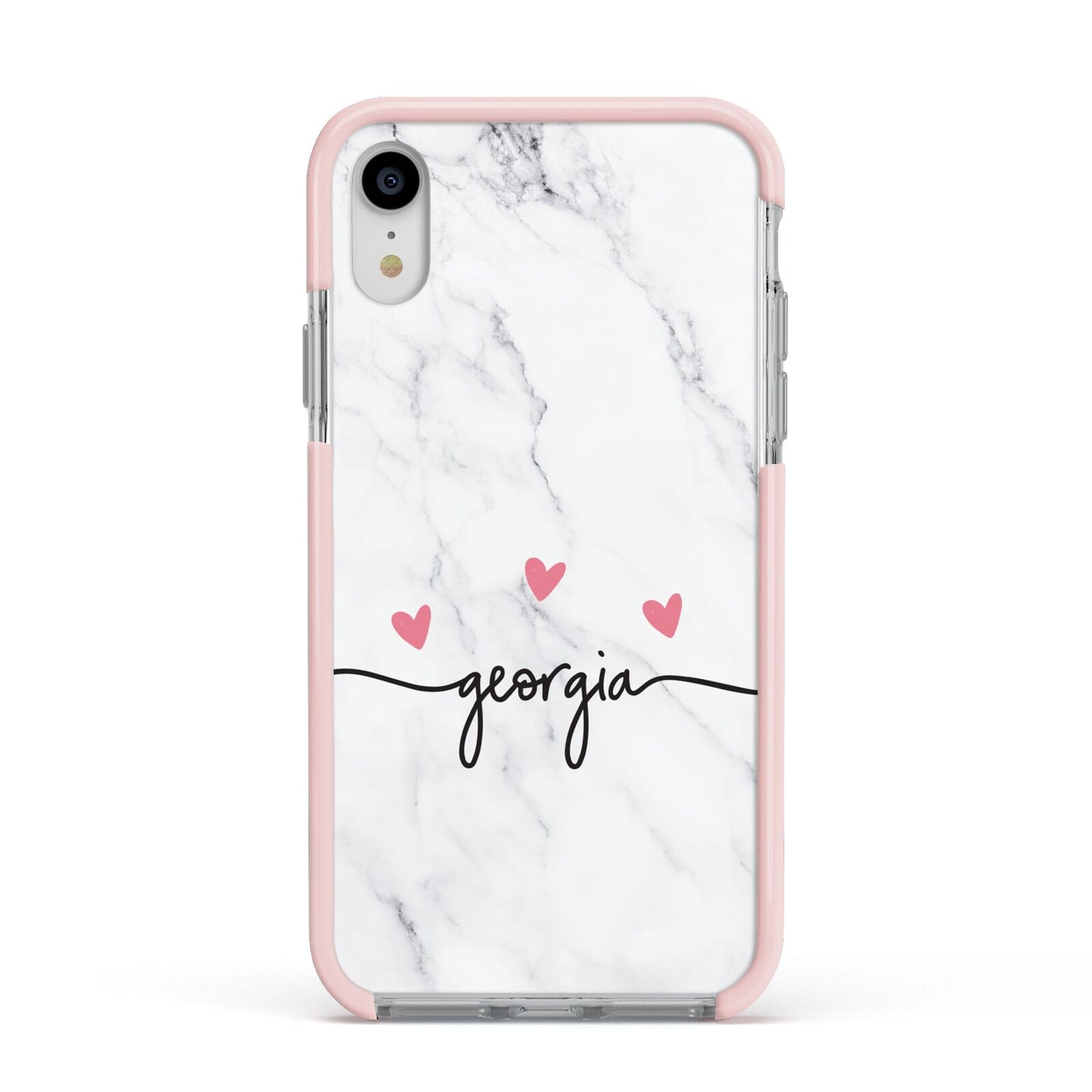 Custom Marble with Handwriting Text Apple iPhone XR Impact Case Pink Edge on Silver Phone