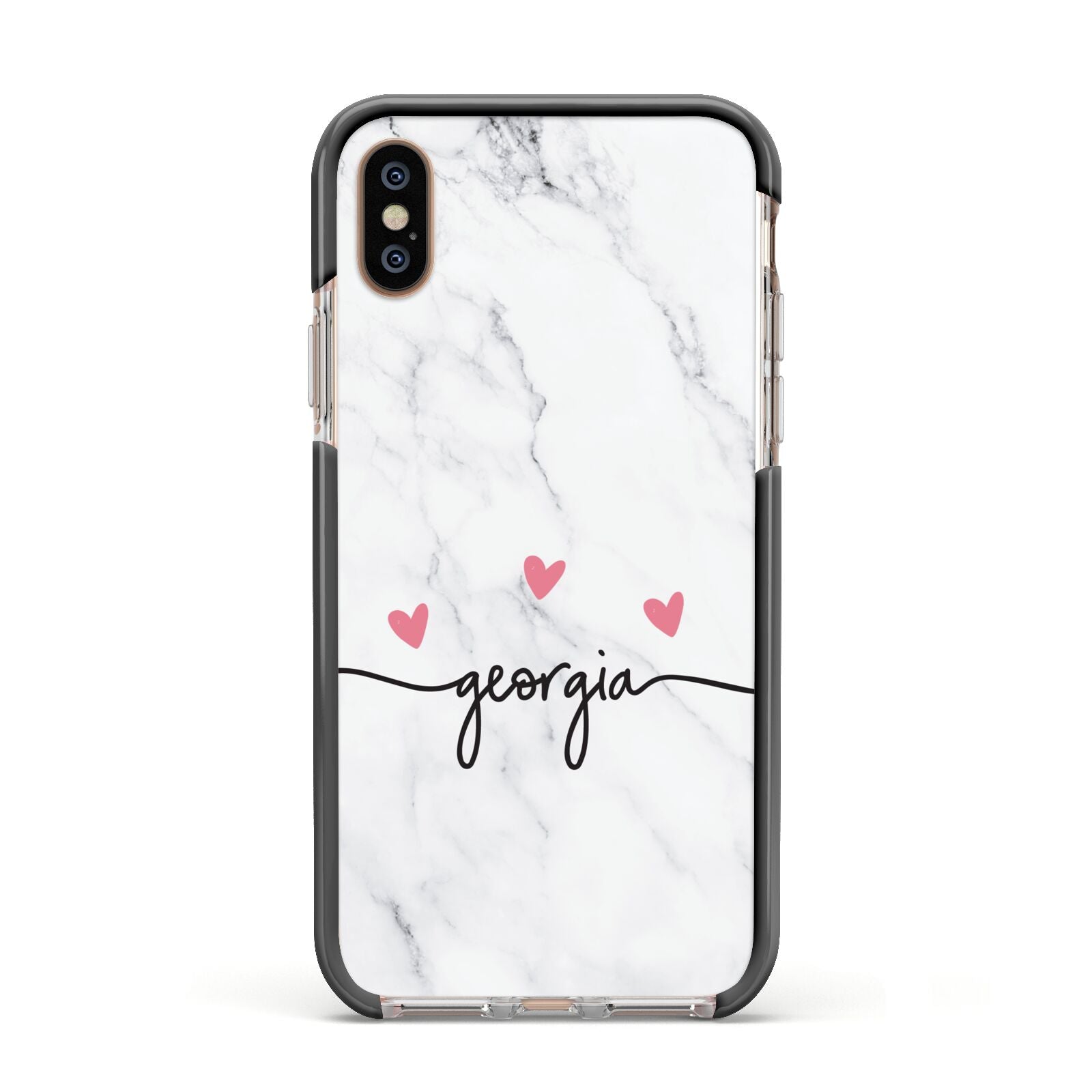 Custom Marble with Handwriting Text Apple iPhone Xs Impact Case Black Edge on Gold Phone