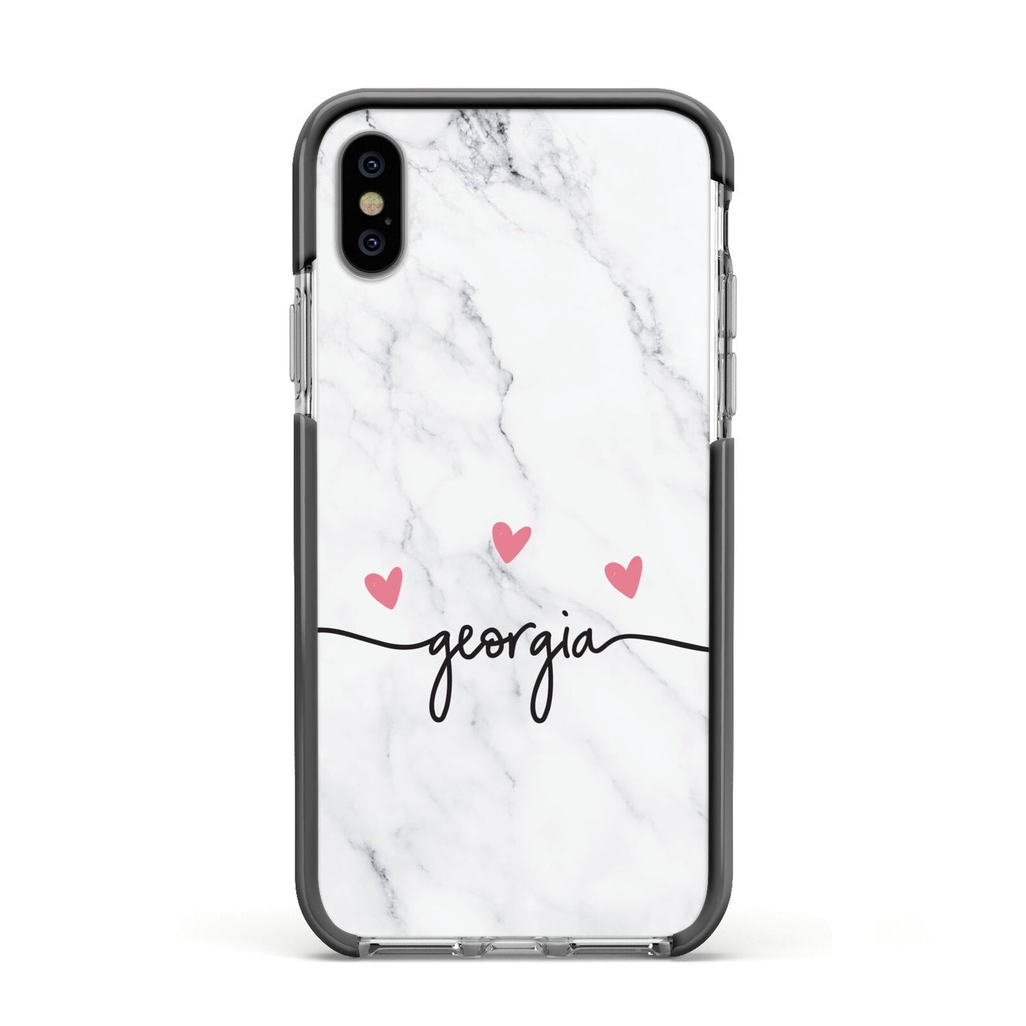 Custom Marble with Handwriting Text Apple iPhone Xs Impact Case Black Edge on Silver Phone