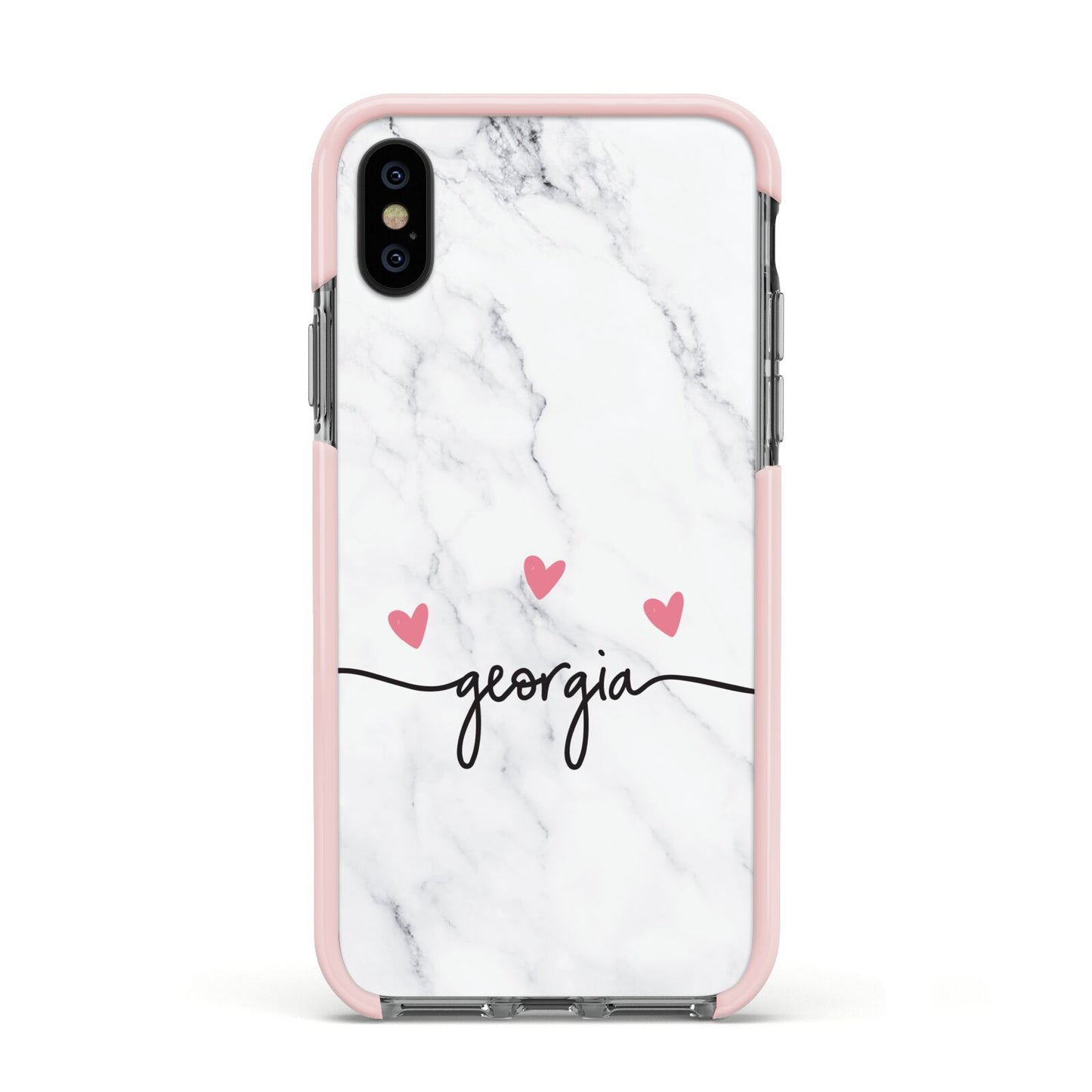 Custom Marble with Handwriting Text Apple iPhone Xs Impact Case Pink Edge on Black Phone