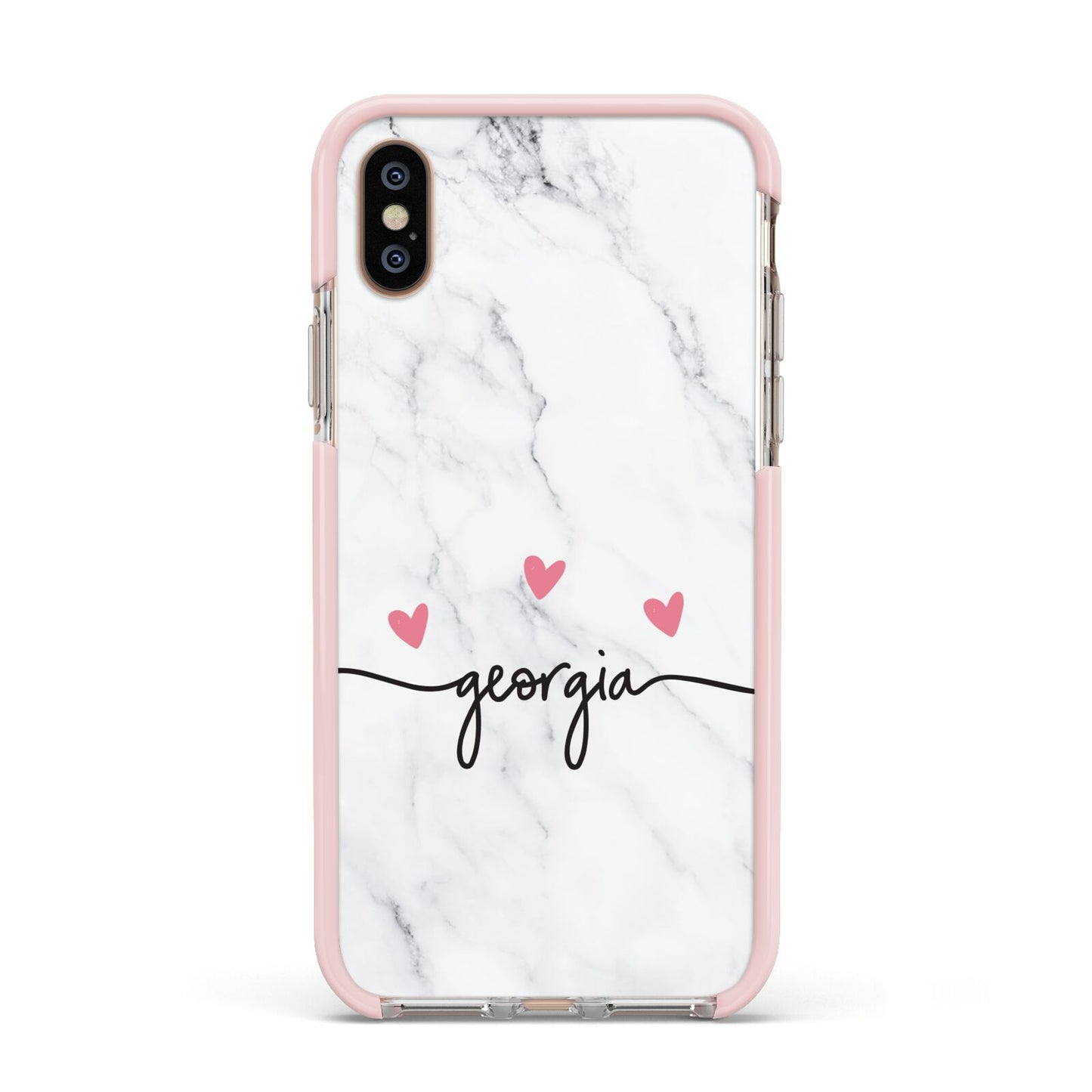 Custom Marble with Handwriting Text Apple iPhone Xs Impact Case Pink Edge on Gold Phone