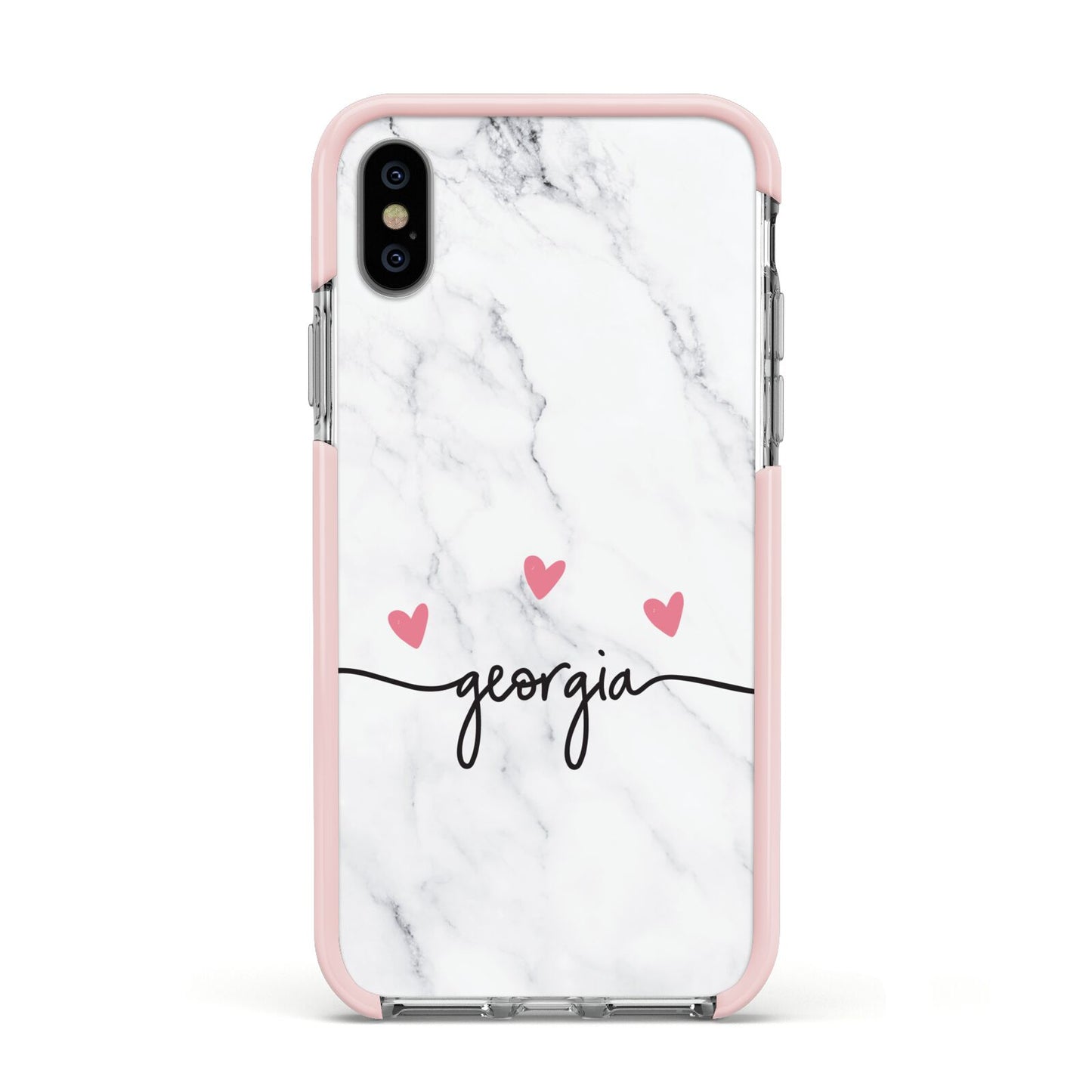Custom Marble with Handwriting Text Apple iPhone Xs Impact Case Pink Edge on Silver Phone