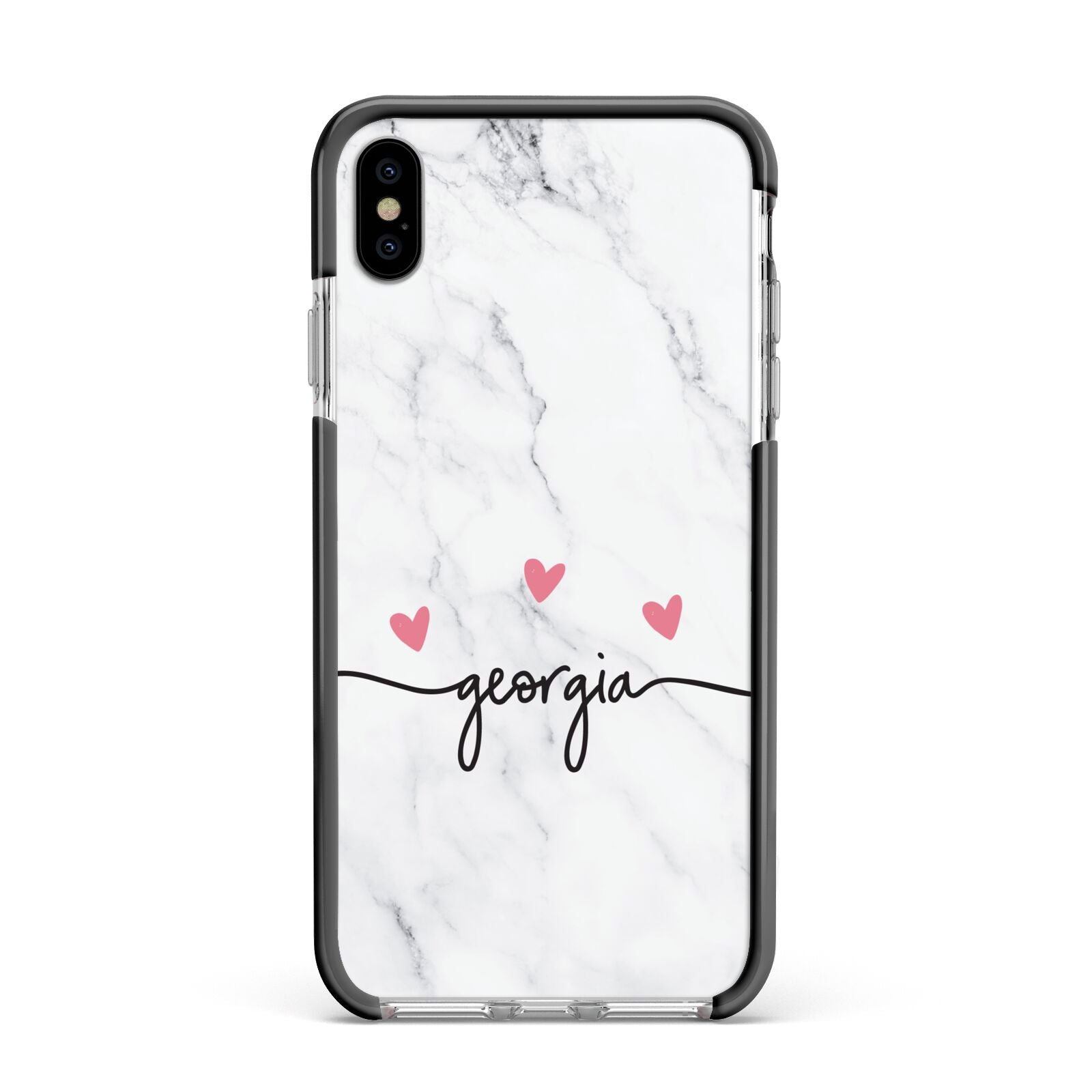 Custom Marble with Handwriting Text Apple iPhone Xs Max Impact Case Black Edge on Silver Phone
