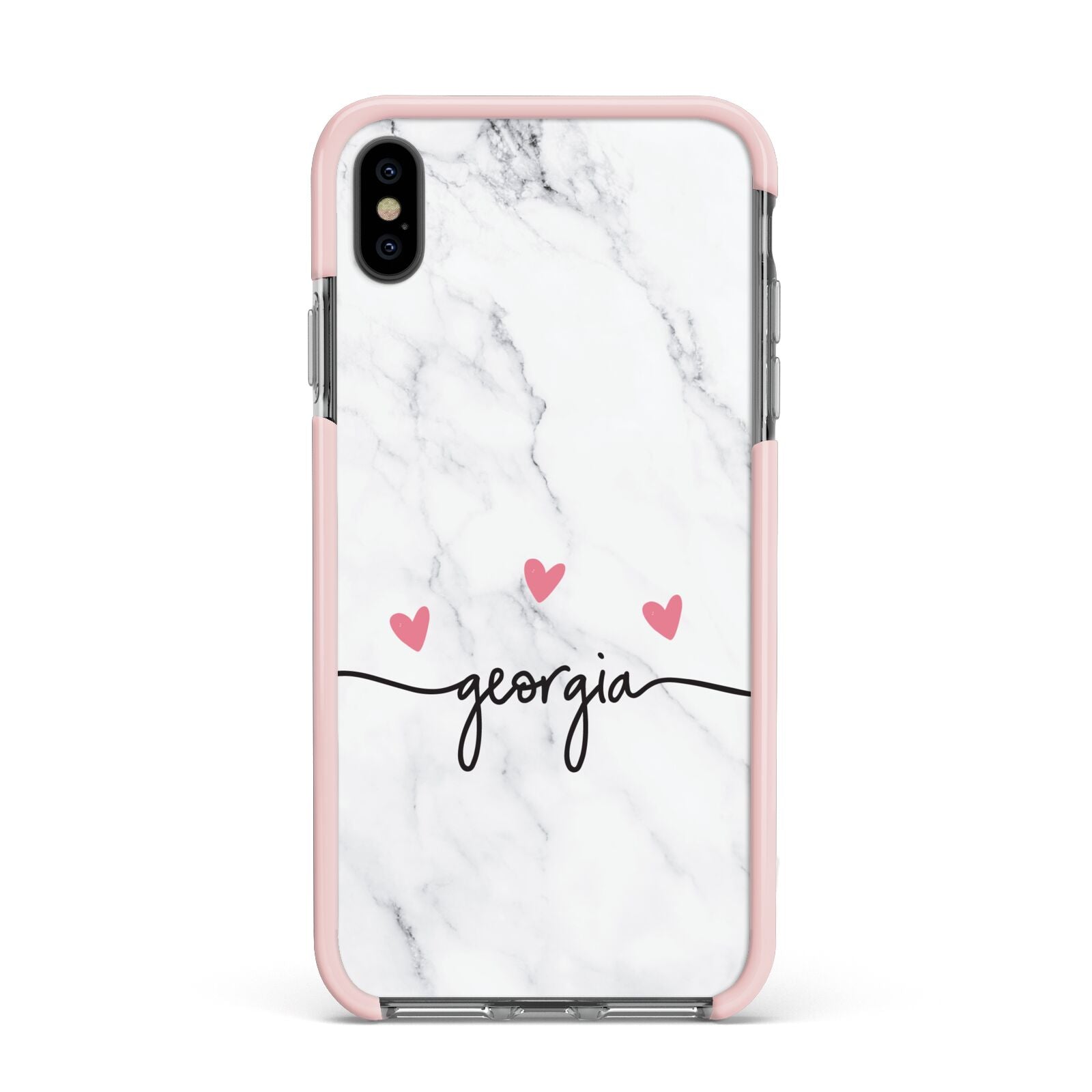 Custom Marble with Handwriting Text Apple iPhone Xs Max Impact Case Pink Edge on Black Phone