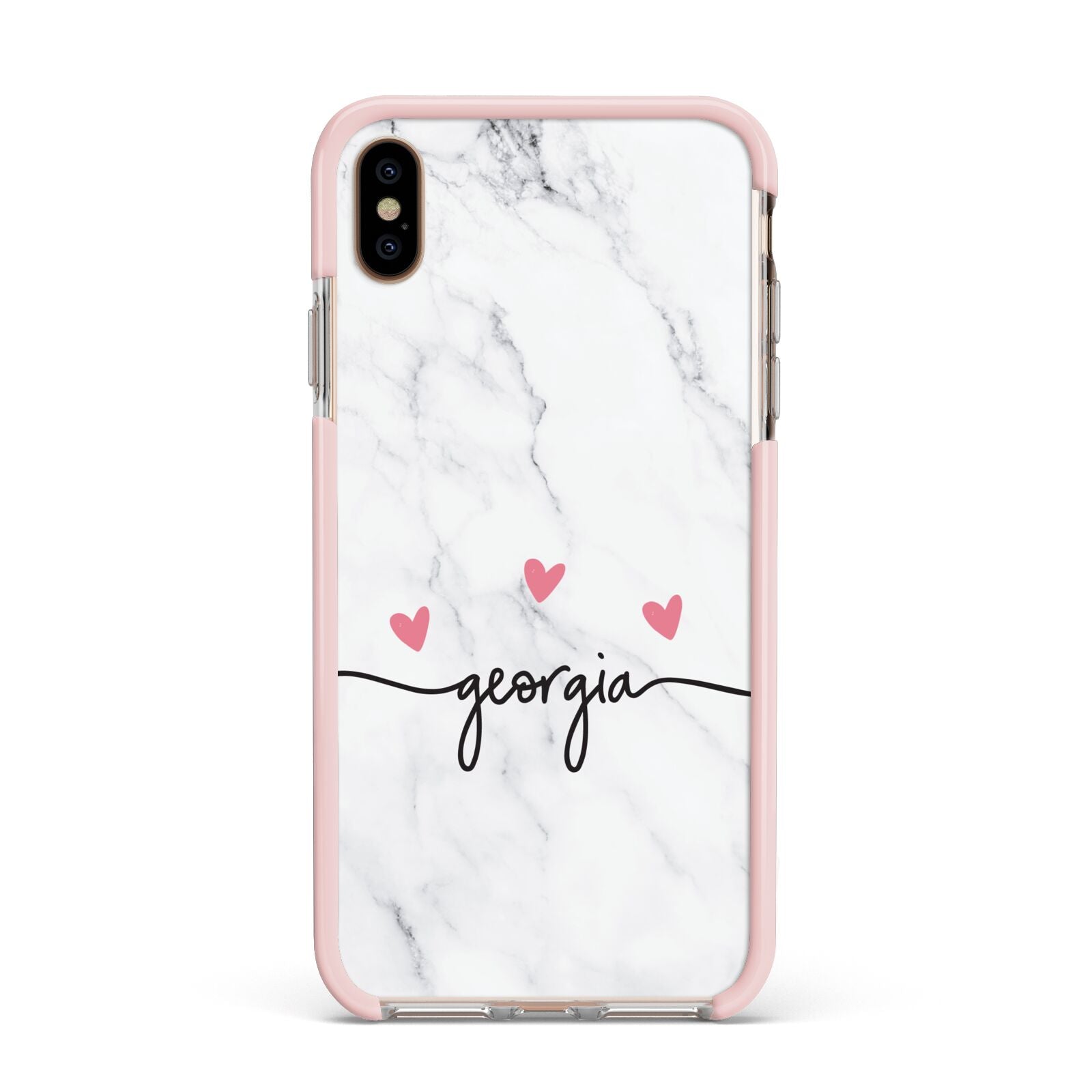 Custom Marble with Handwriting Text Apple iPhone Xs Max Impact Case Pink Edge on Gold Phone