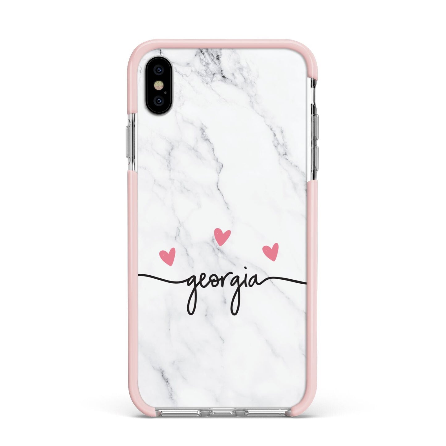 Custom Marble with Handwriting Text Apple iPhone Xs Max Impact Case Pink Edge on Silver Phone