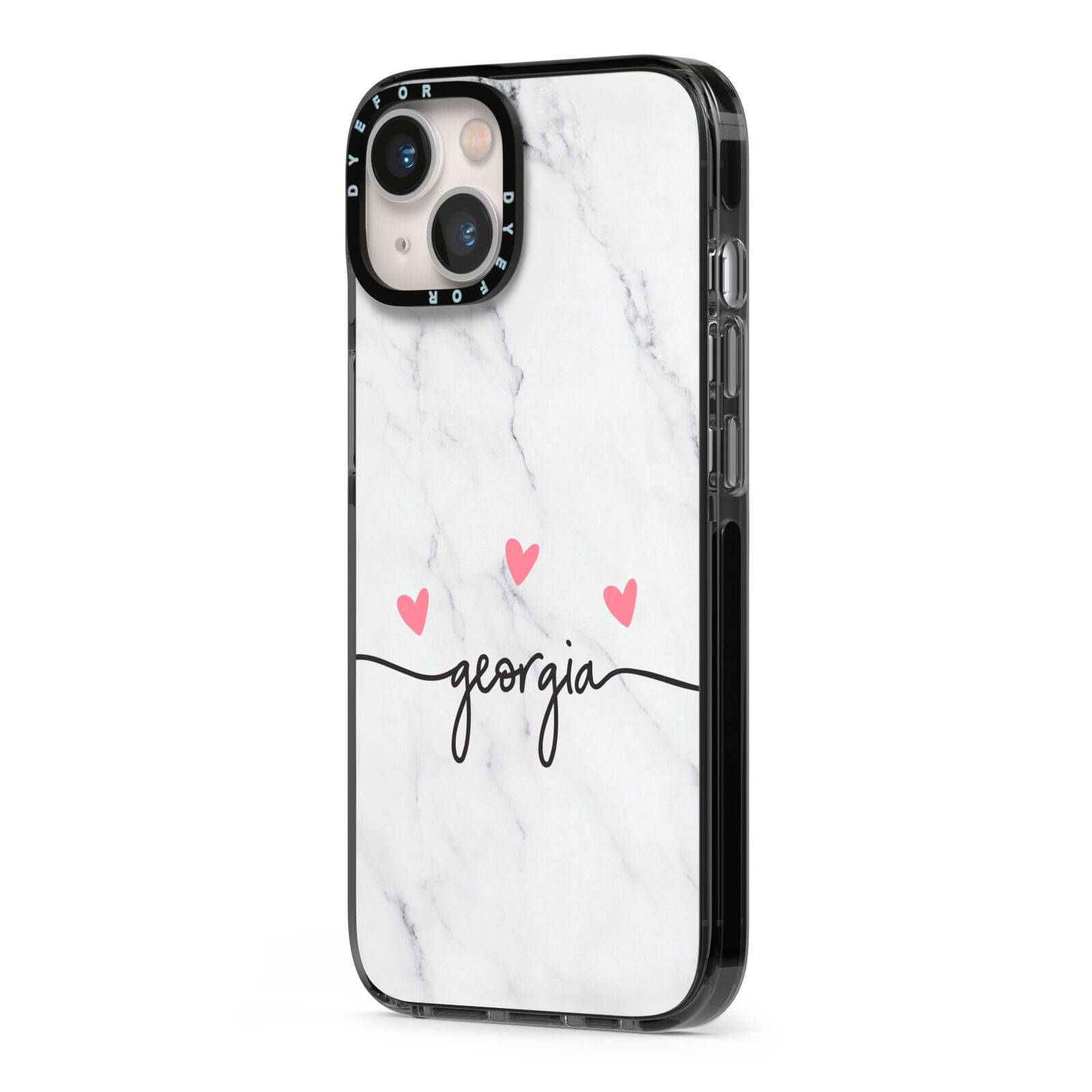 Custom Marble with Handwriting Text iPhone 13 Black Impact Case Side Angle on Silver phone