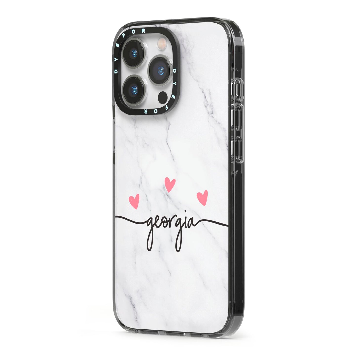 Custom Marble with Handwriting Text iPhone 13 Pro Black Impact Case Side Angle on Silver phone