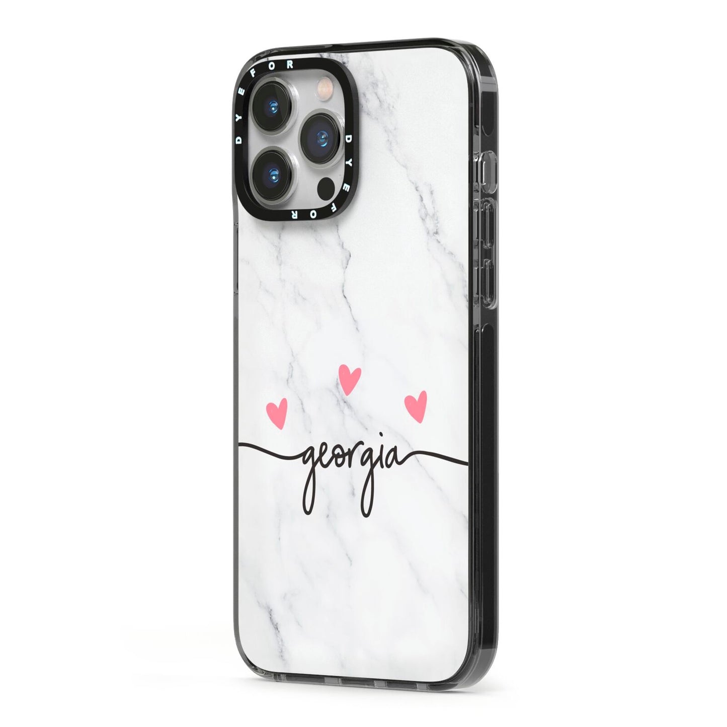 Custom Marble with Handwriting Text iPhone 13 Pro Max Black Impact Case Side Angle on Silver phone