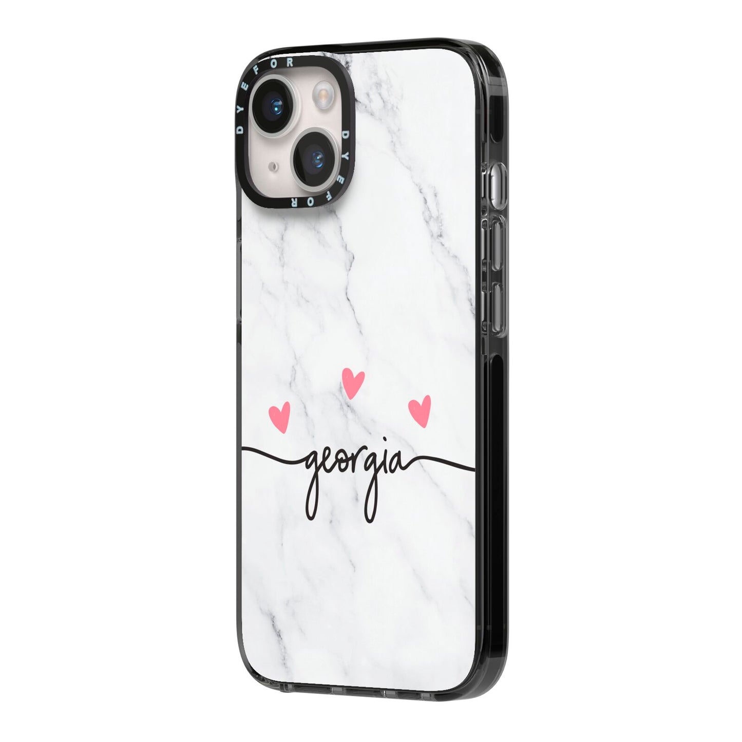 Custom Marble with Handwriting Text iPhone 14 Black Impact Case Side Angle on Silver phone