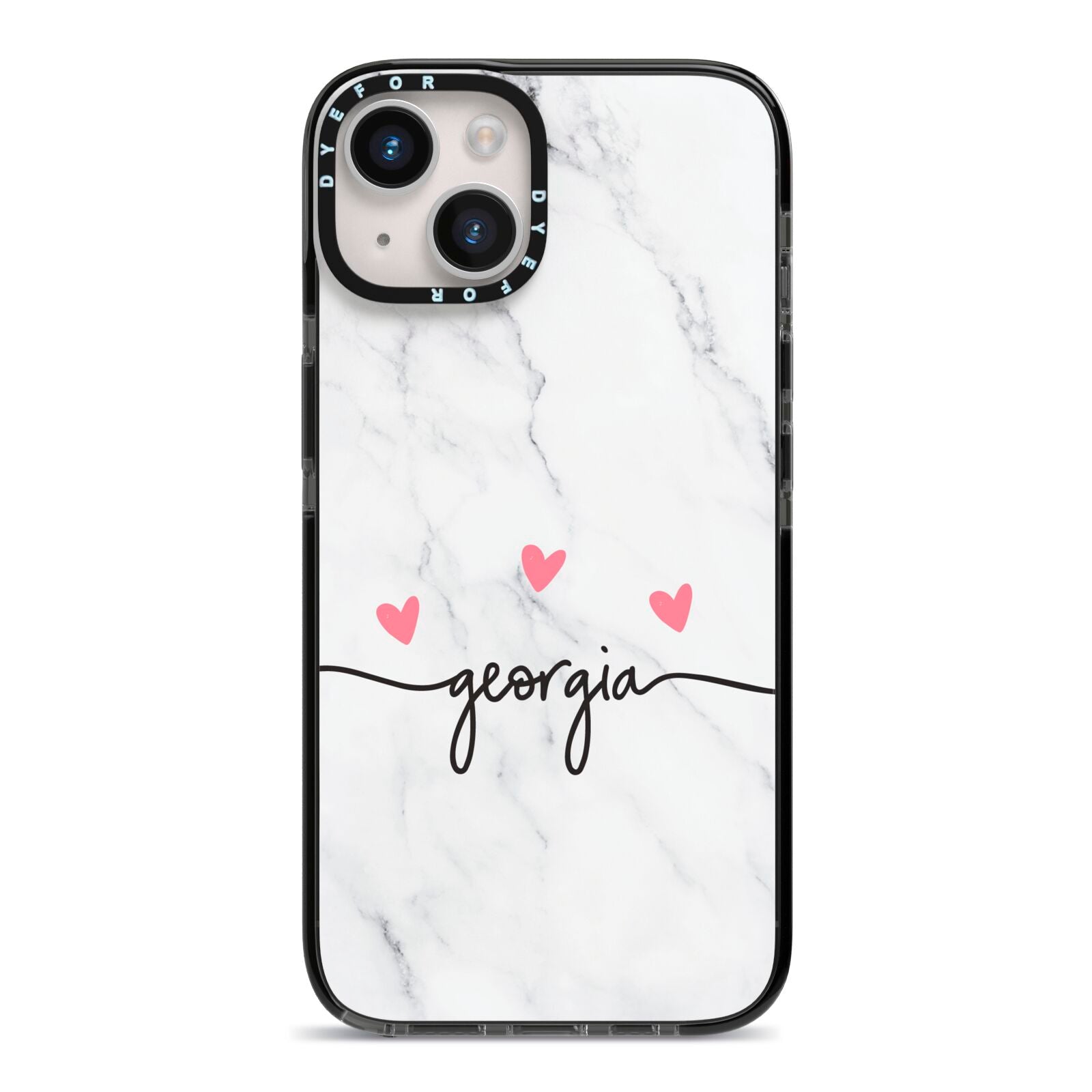 Custom Marble with Handwriting Text iPhone 14 Black Impact Case on Silver phone