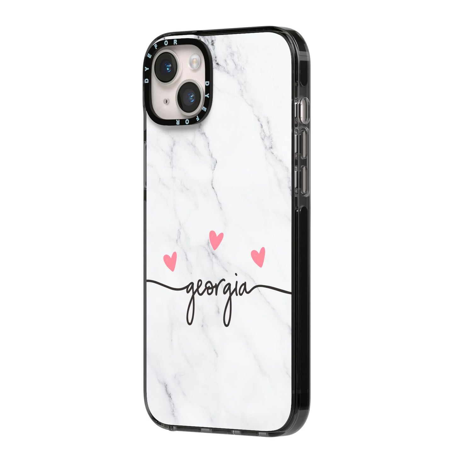 Custom Marble with Handwriting Text iPhone 14 Plus Black Impact Case Side Angle on Silver phone