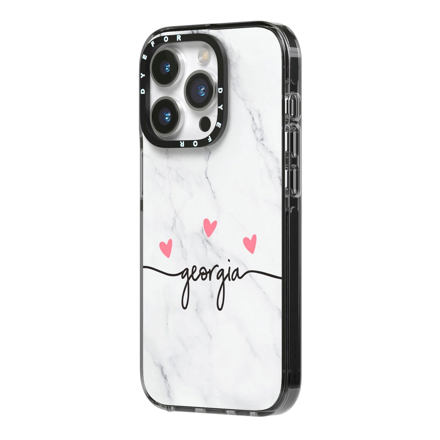 Custom Marble with Handwriting Text iPhone 14 Pro Black Impact Case Side Angle on Silver phone