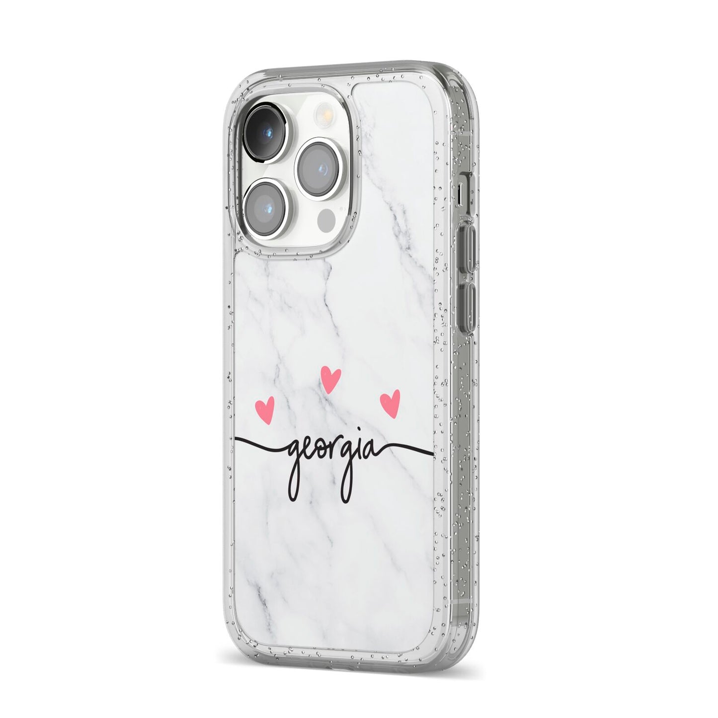 Custom Marble with Handwriting Text iPhone 14 Pro Glitter Tough Case Silver Angled Image
