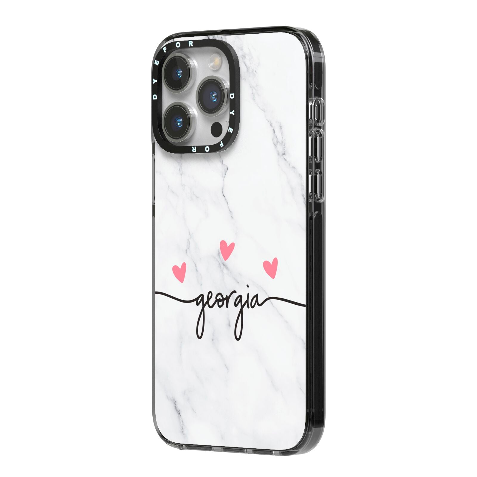 Custom Marble with Handwriting Text iPhone 14 Pro Max Black Impact Case Side Angle on Silver phone