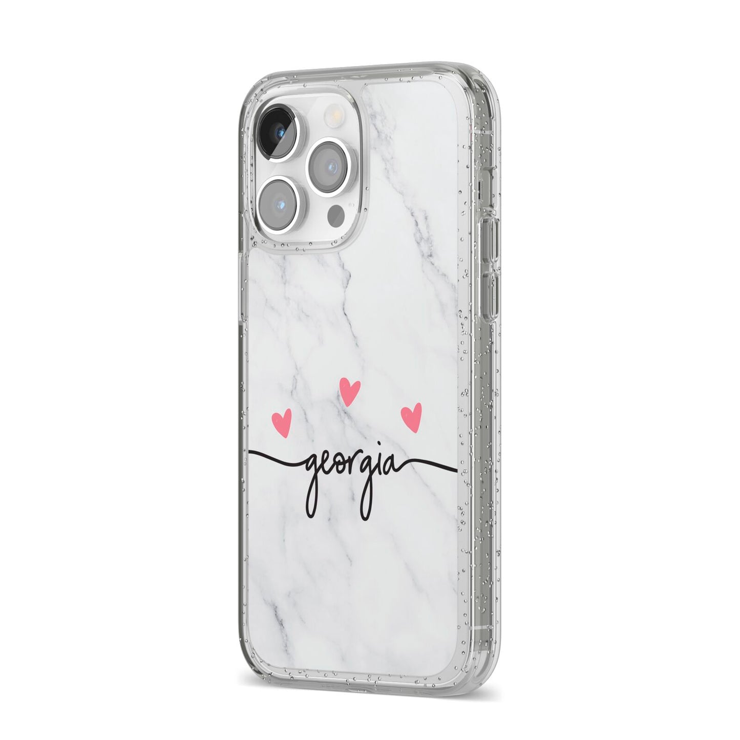 Custom Marble with Handwriting Text iPhone 14 Pro Max Glitter Tough Case Silver Angled Image