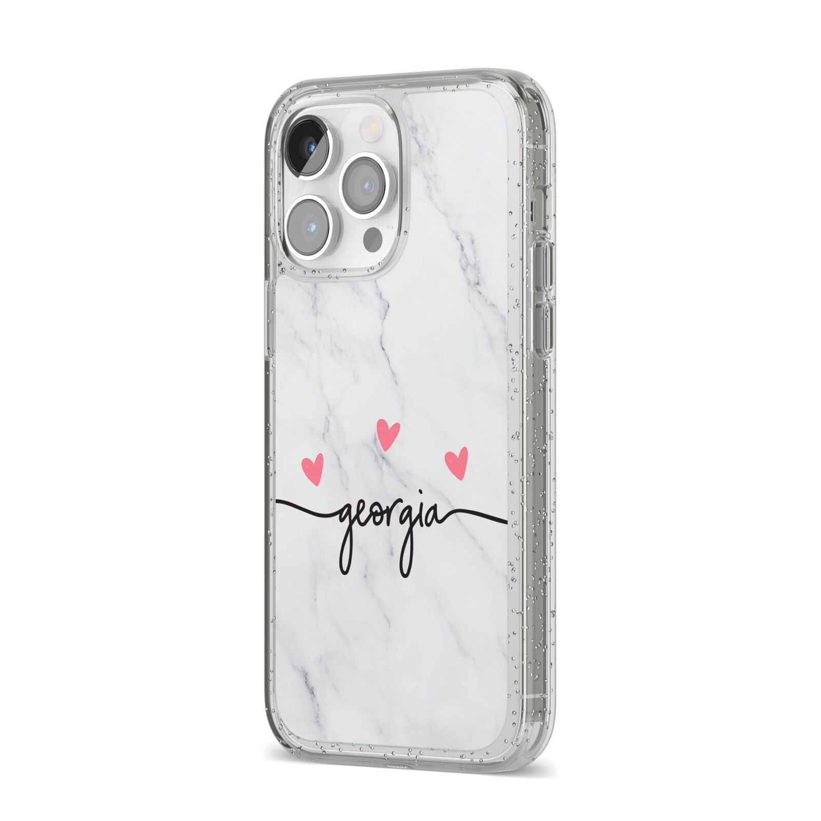 Custom Marble with Handwriting Text iPhone 14 Pro Max Glitter Tough Case Silver Angled Image