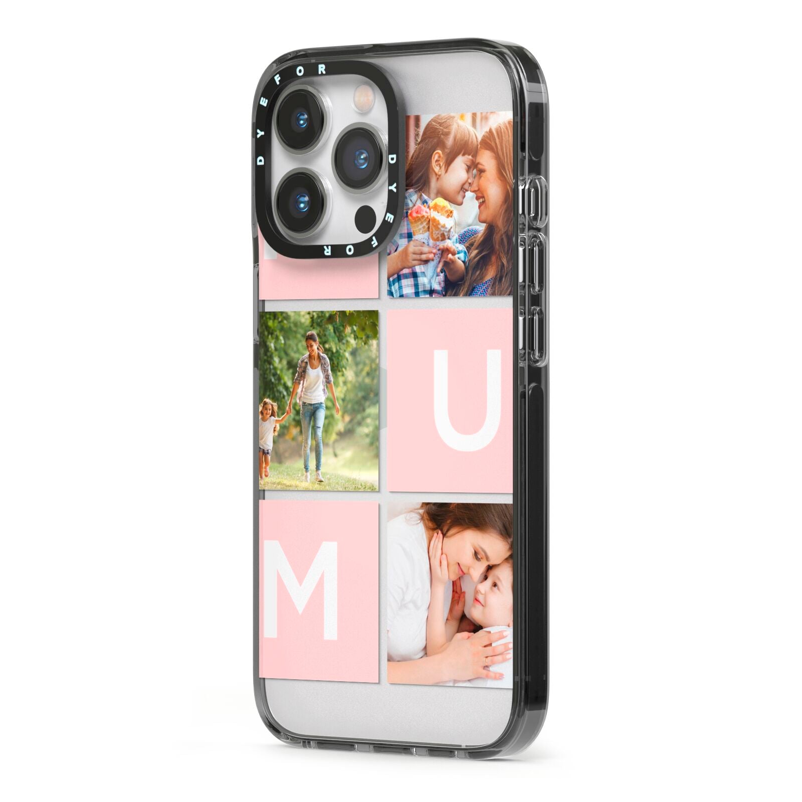 Custom Mothers Day Photo iPhone 13 Pro Black Impact Case Side Angle on Silver phone