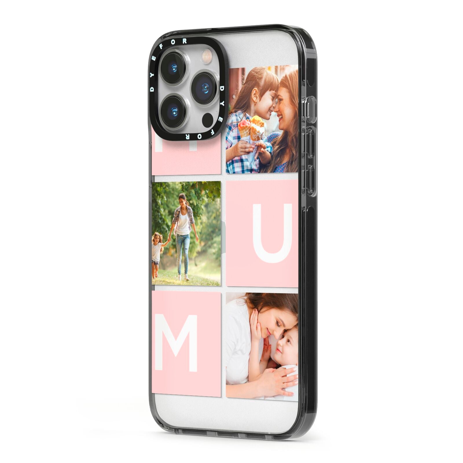 Custom Mothers Day Photo iPhone 13 Pro Max Black Impact Case Side Angle on Silver phone