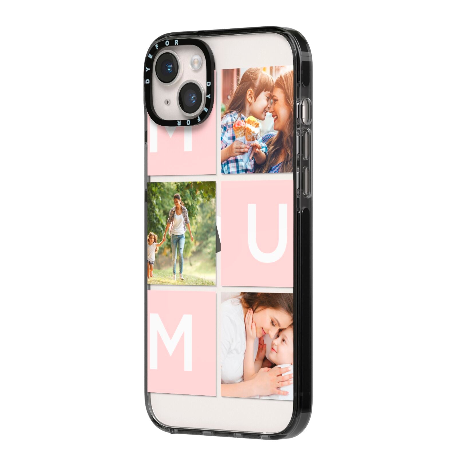 Custom Mothers Day Photo iPhone 14 Plus Black Impact Case Side Angle on Silver phone