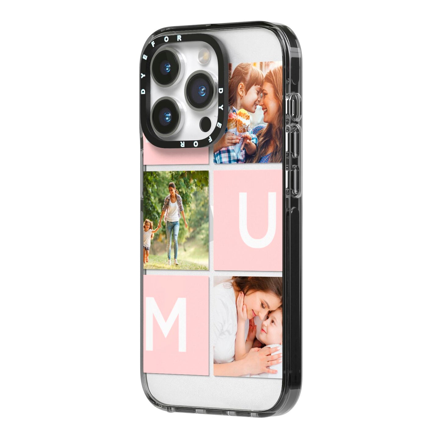 Custom Mothers Day Photo iPhone 14 Pro Black Impact Case Side Angle on Silver phone