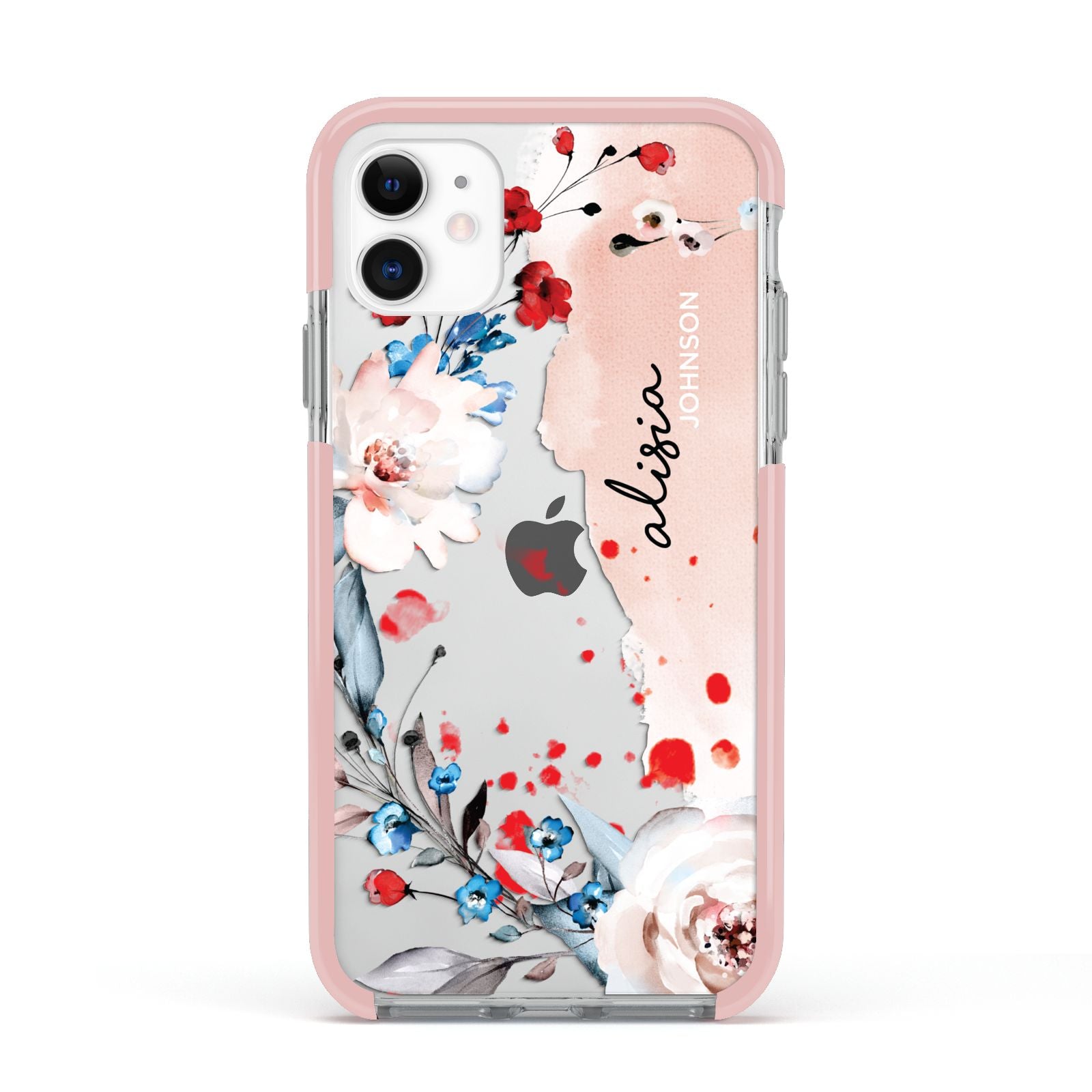 Custom Name Floral Bouquet Apple iPhone 11 in White with Pink Impact Case