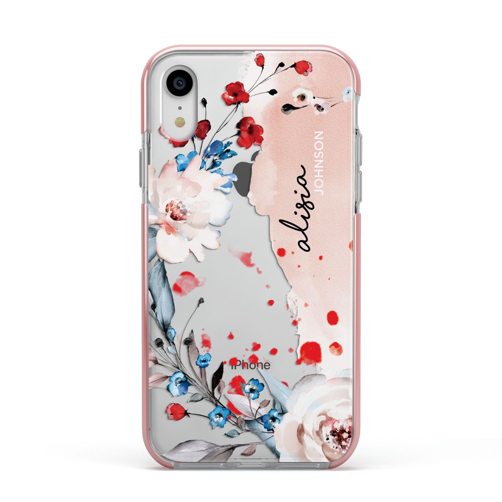 Custom Name Floral Bouquet Apple iPhone XR Impact Case Pink Edge on Silver Phone