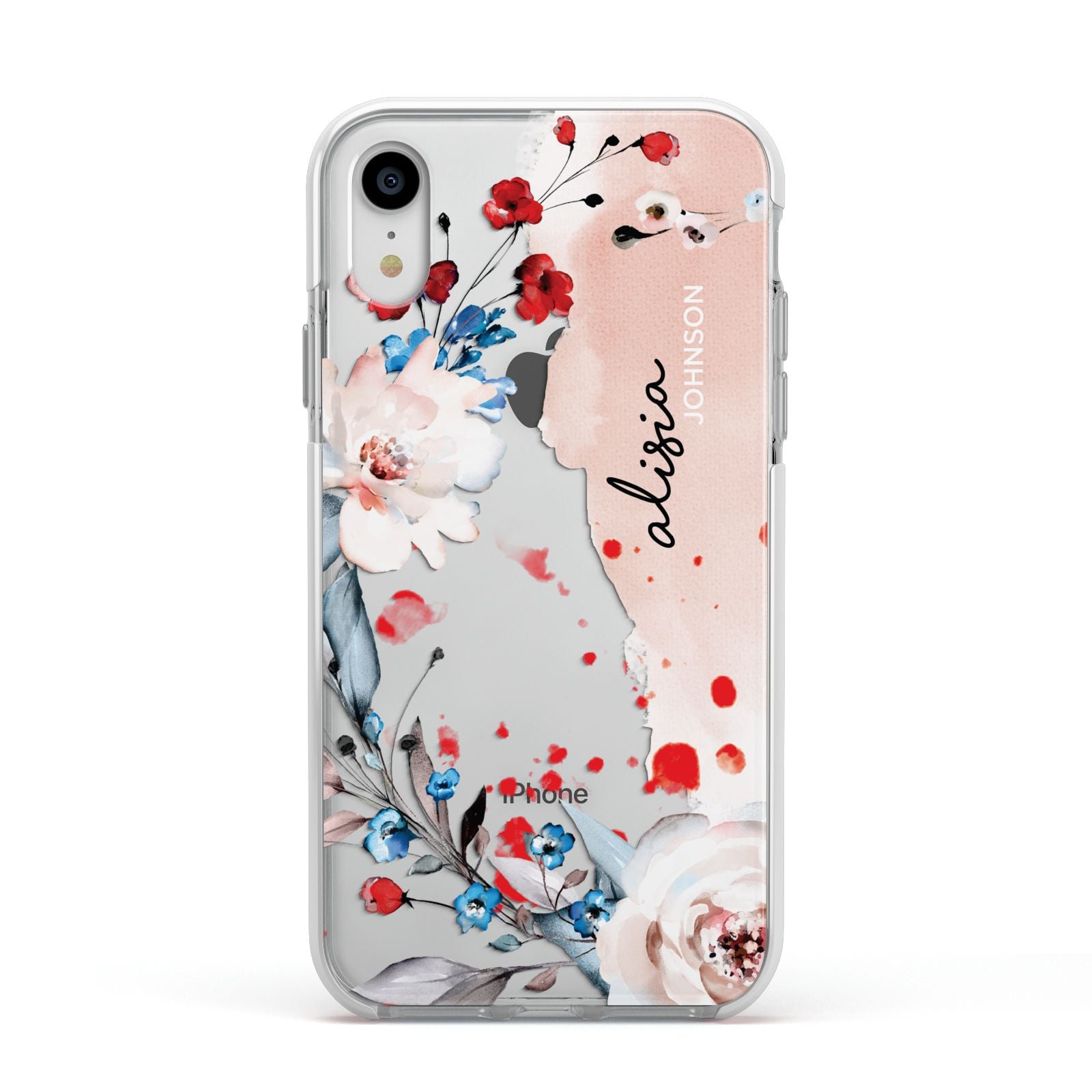 Custom Name Floral Bouquet Apple iPhone XR Impact Case White Edge on Silver Phone