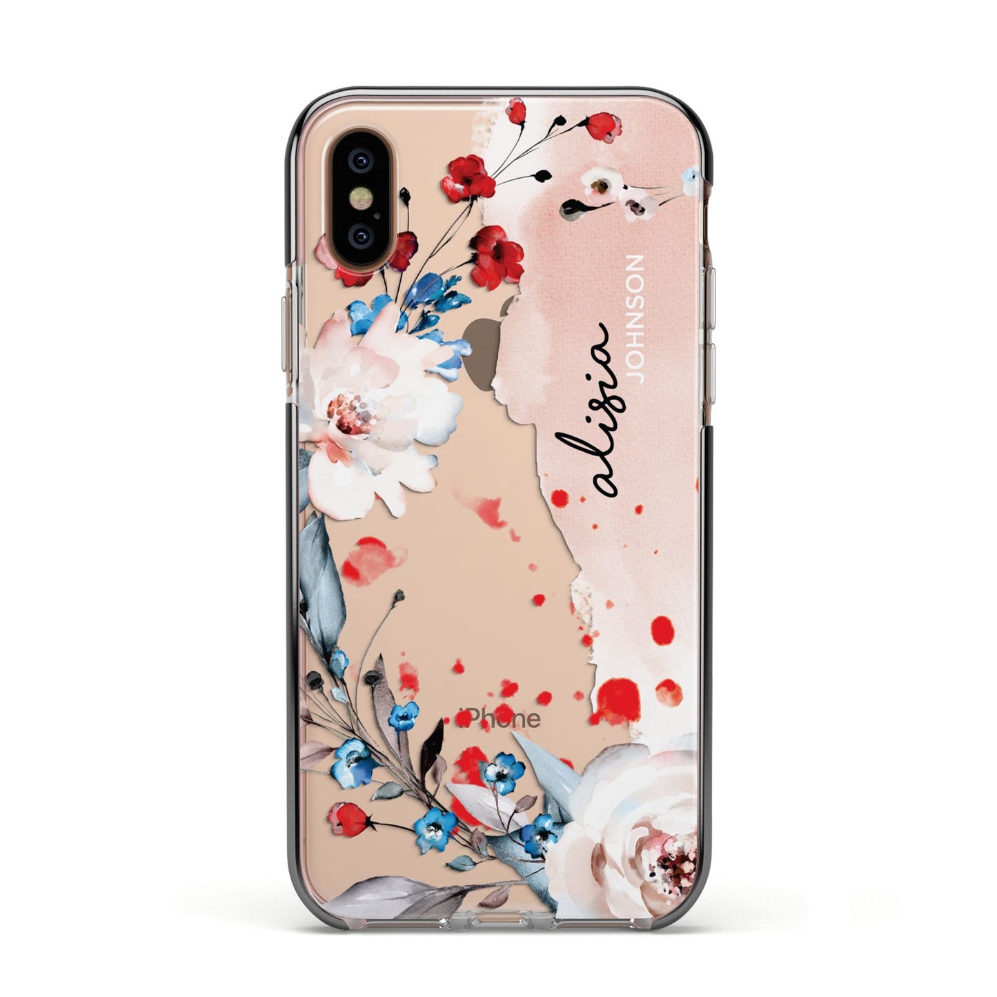 Custom Name Floral Bouquet Apple iPhone Xs Impact Case Black Edge on Gold Phone